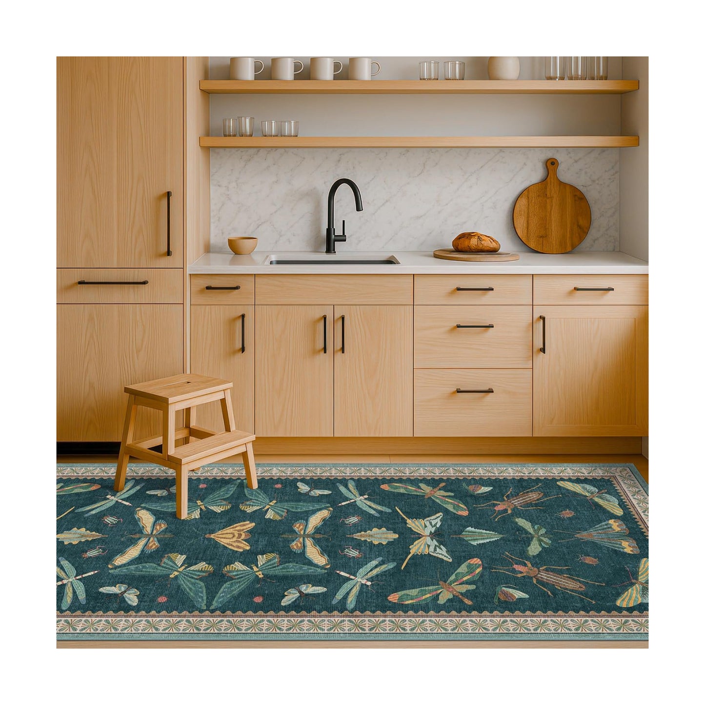 Hazo Haus Brown and Green Kitchen Sink Runner Rug 2x6 - Teal Boho Bathroom Rugs for Entrance Indoor, Insect Print