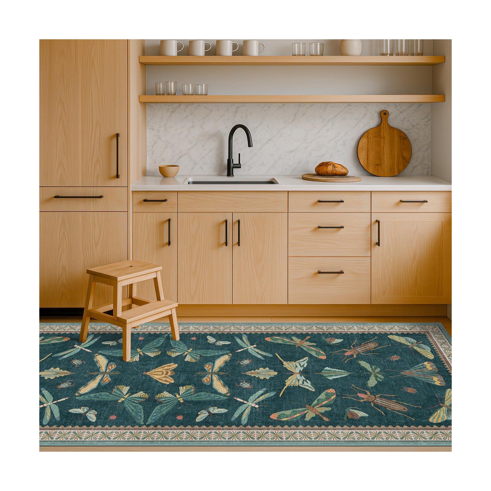 Hazo Haus Brown and Green Kitchen Sink Runner Rug 2x6 - Teal Boho Bathroom Rugs for Entrance Indoor, Insect Print