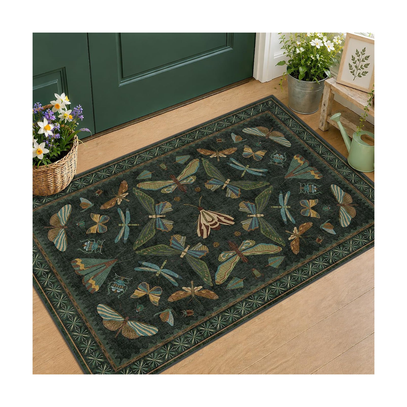 Hazo Haus 2x3 Entry Way Rugs Indoor - Dark Green Small Throw Rug for Kitchen, Bathroom, Insect Boho Design, Washable
