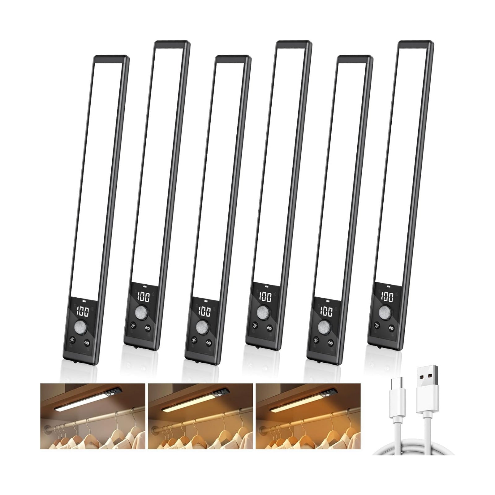Mpotmiy 6-Pack 12" Wireless Under Cabinet Lights with Digital Display | Rechargeable motion sensor lights with 2200mAh
