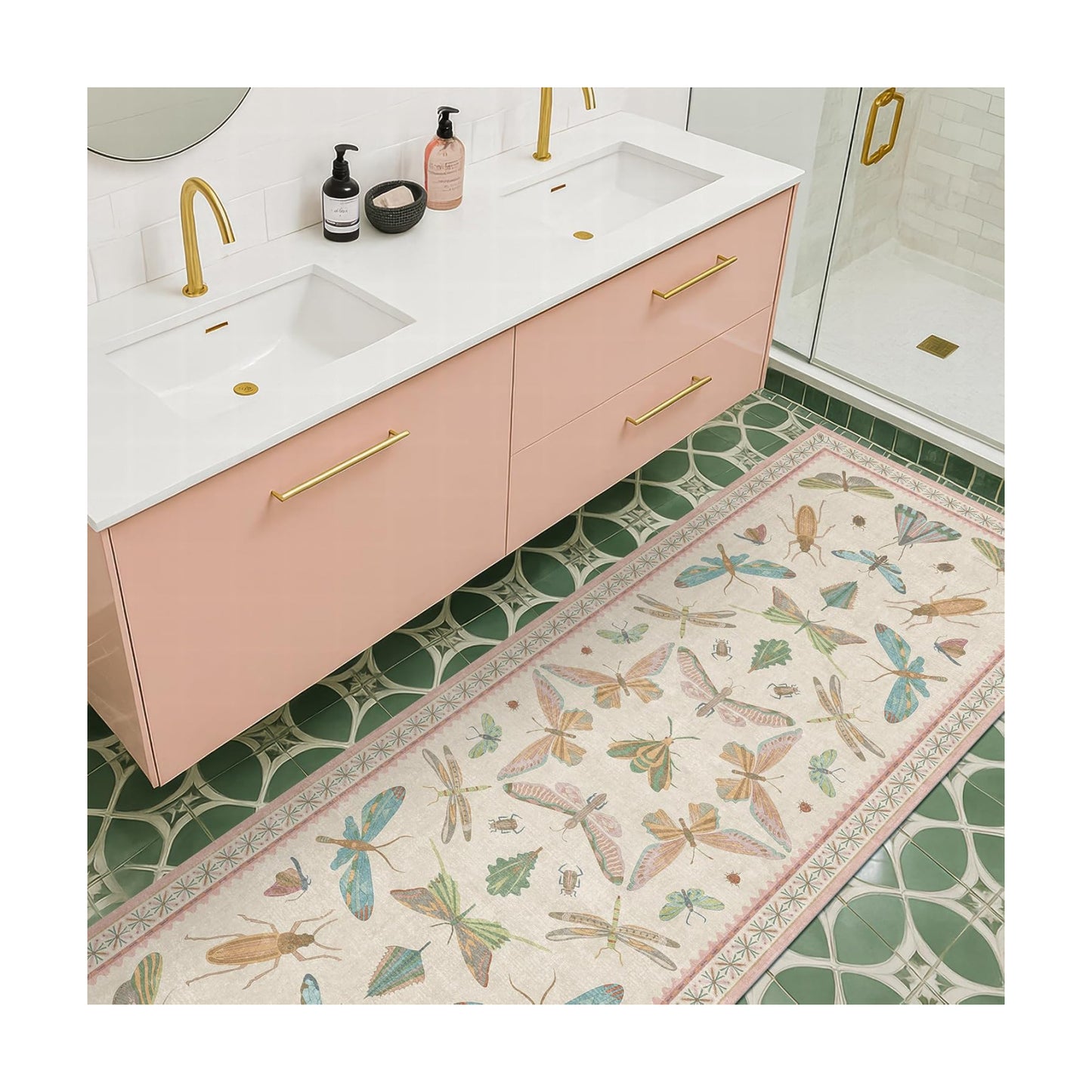 Hazo Haus Boho Bathroom Runners - 2x6 Pink Rug for Kitchen, Entry Way, Hallway, Non Slip Washable Butterfly Insect