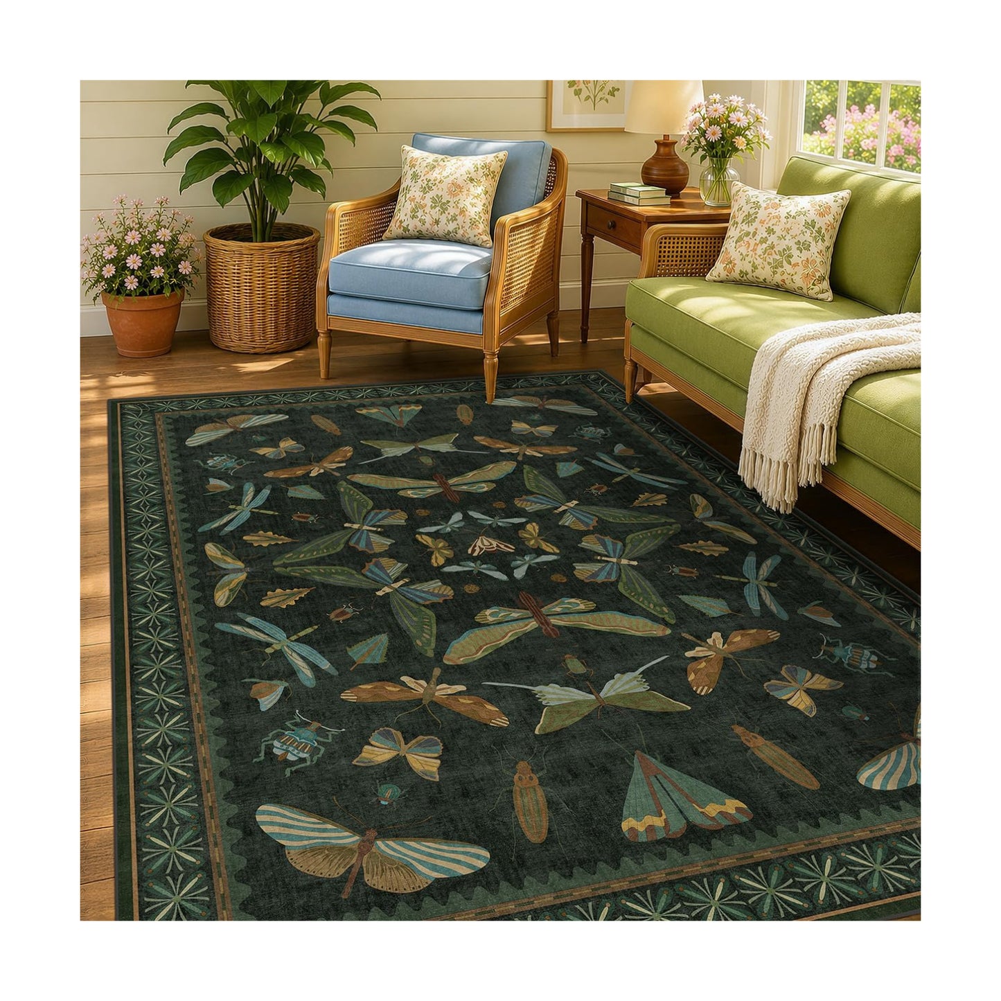 Dark Green Area Rugs 5x7 for Living Room - Fairy Fantasy Moss Rugs for Dining Room Table, Bedroom, Whimsical Insect