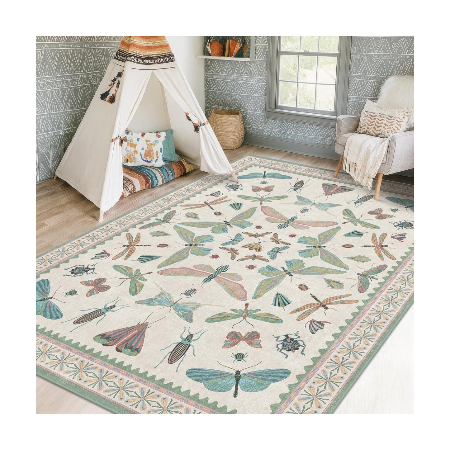 5x7 Pink and Green Nursery Rug - Colorful Rug for Playroom, Bedroom, Living Room, Insect Butterfly Floral Non-Slip Soft