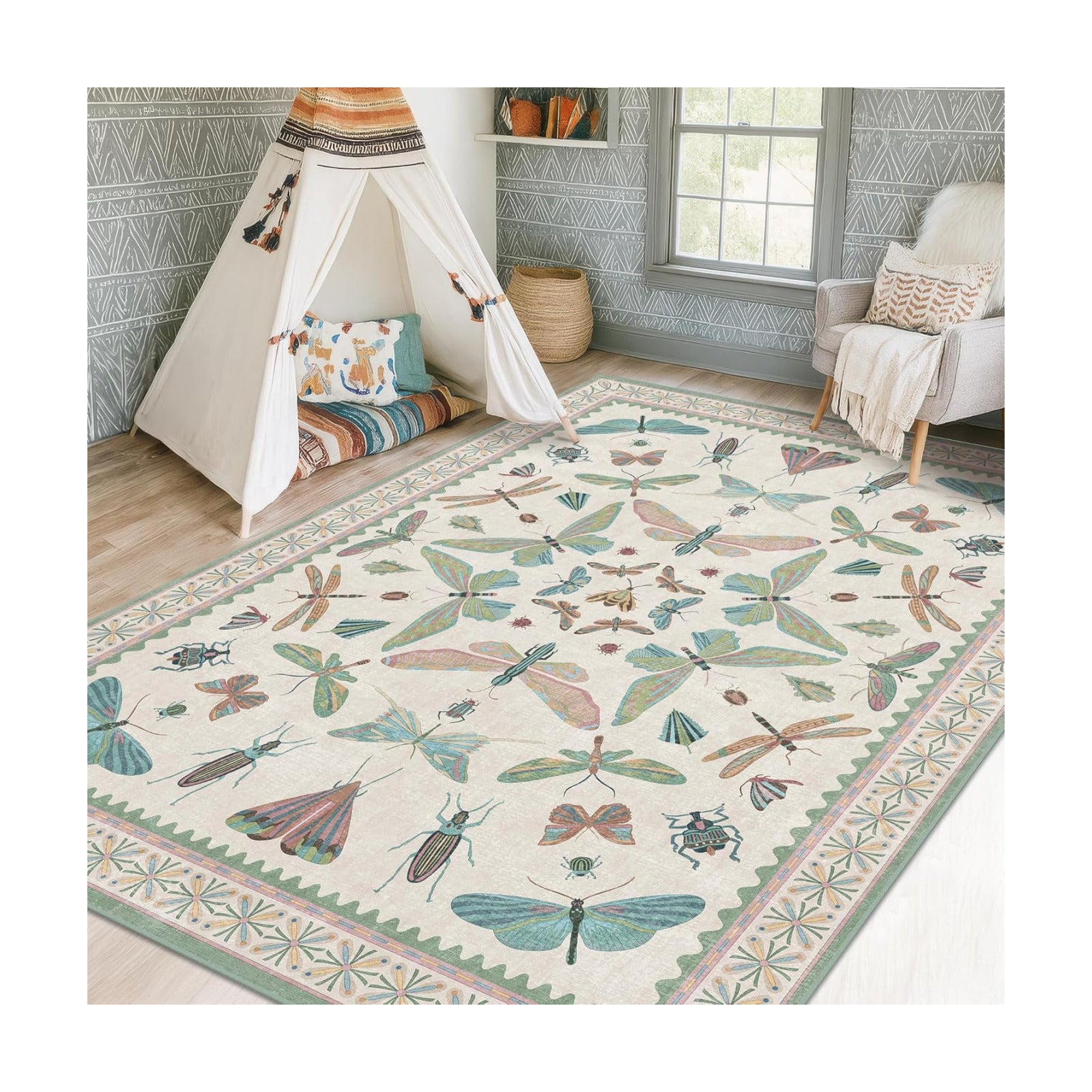 5x7 Pink and Green Nursery Rug - Colorful Rug for Playroom, Bedroom, Living Room, Insect Butterfly Floral Non-Slip Soft