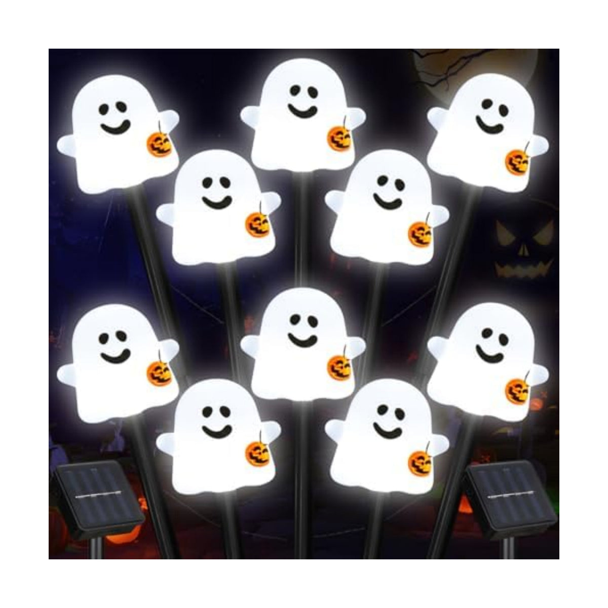 BRIGHTDECK Solar Halloween Ghost Pathway Lights, 10 Pack Ghost Stake Lights with Pumpkin Design, Durable Waterproof Outdoor Halloween Decoration for Garden, Walkway, and Yard (Cold White)
