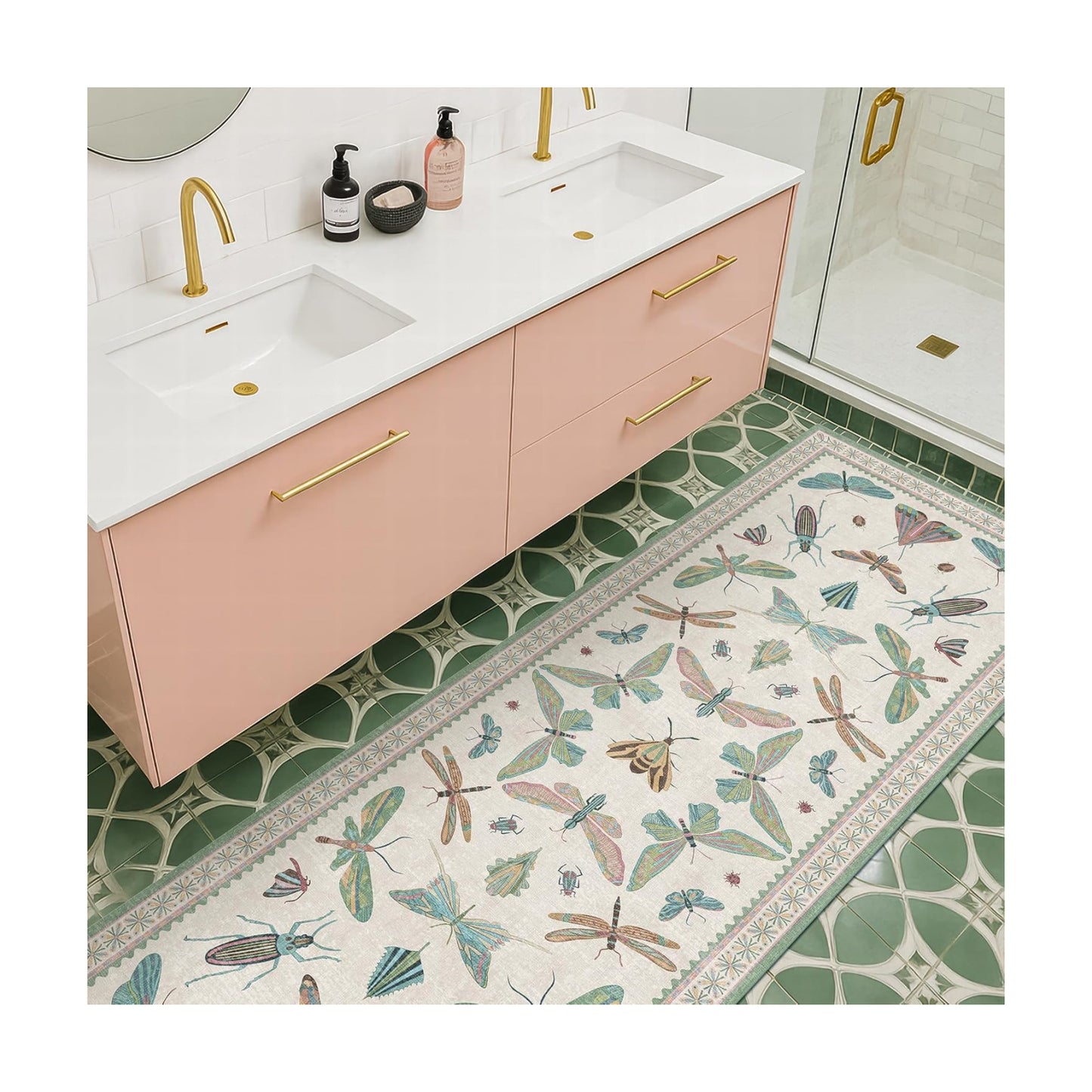 Hazo Haus Boho Bathroom Runners - 2x6 Blue and Green Rug for Kitchen, Entry Way, Non Slip Washable Butterfly Insect
