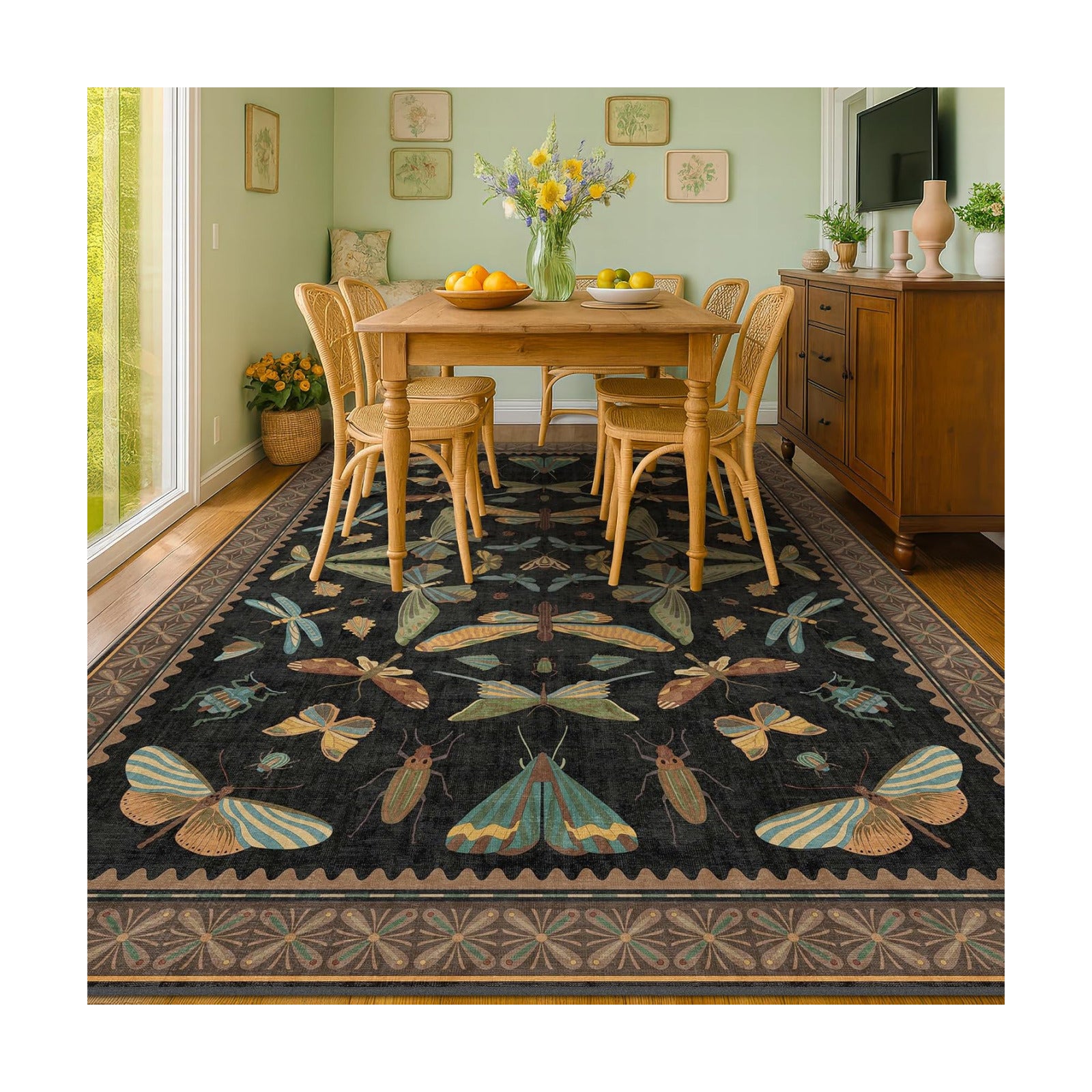 Hazo Haus Living Room Rug Black Boho 6x9 - Dining Room Rugs for Under Table, Bedroom, Insect Bug Eclectic Home Décor