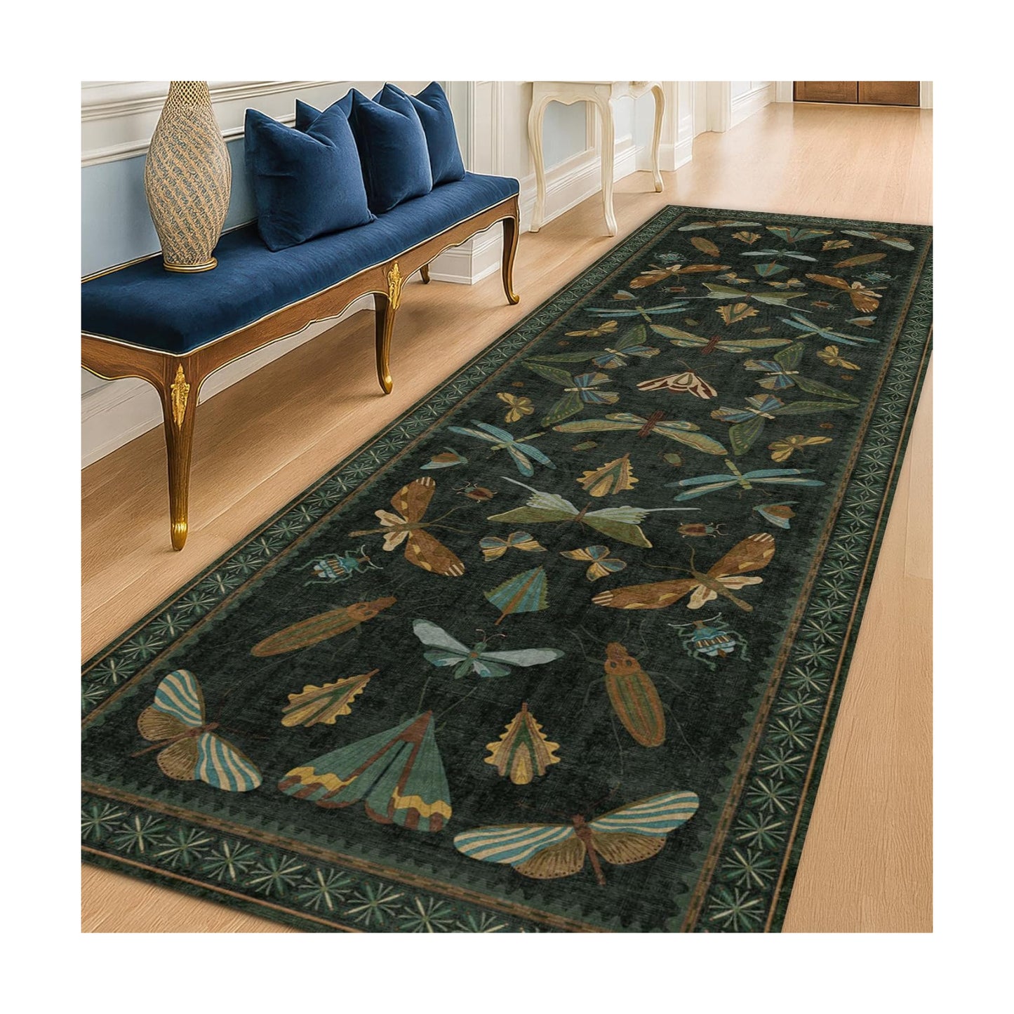 Hazo Haus 8 ft Long Hallway Runner Rug - Boho Green Rug for Kitchen Floor, Entrance Indoor, Washable Wide Runner Non