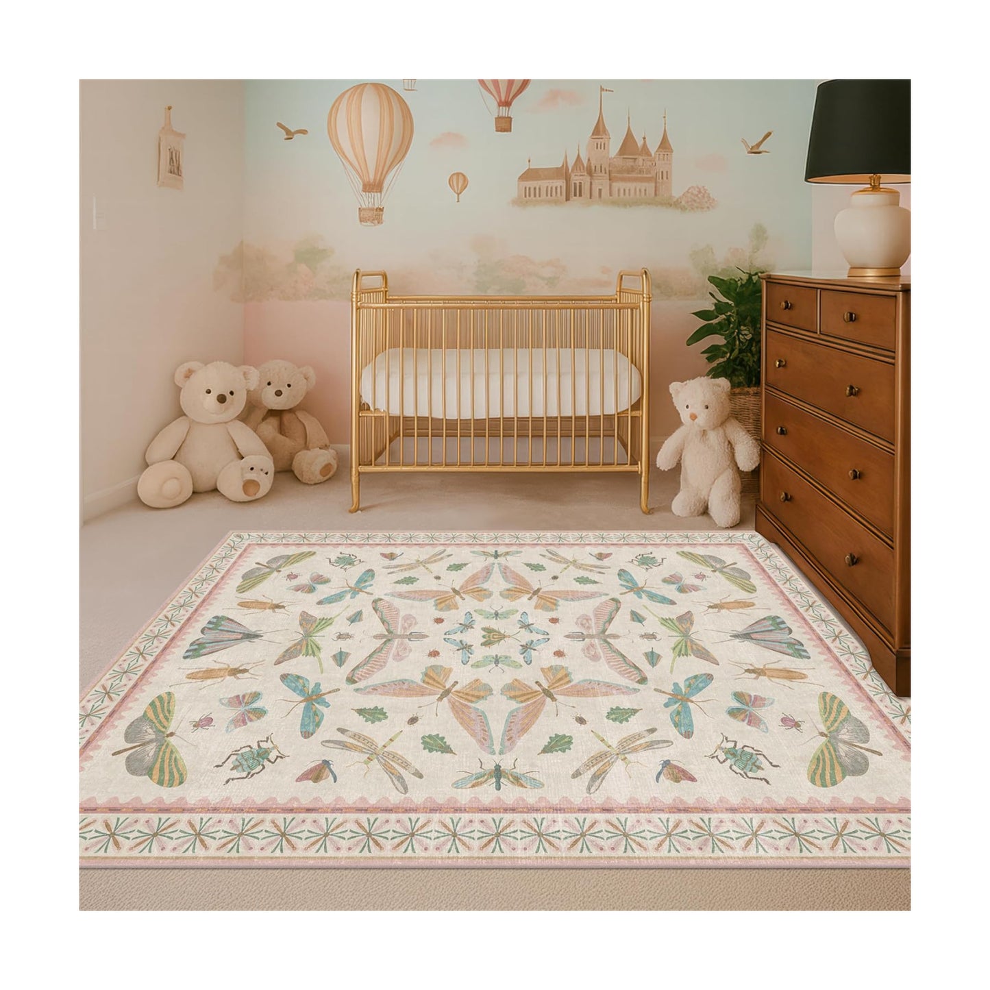Hazo Haus Neutral Girl Nursery Rug 4x6 - Beige & Pink Rugs for Bedroom, Living Room - Washable Low Pile Non-Slip