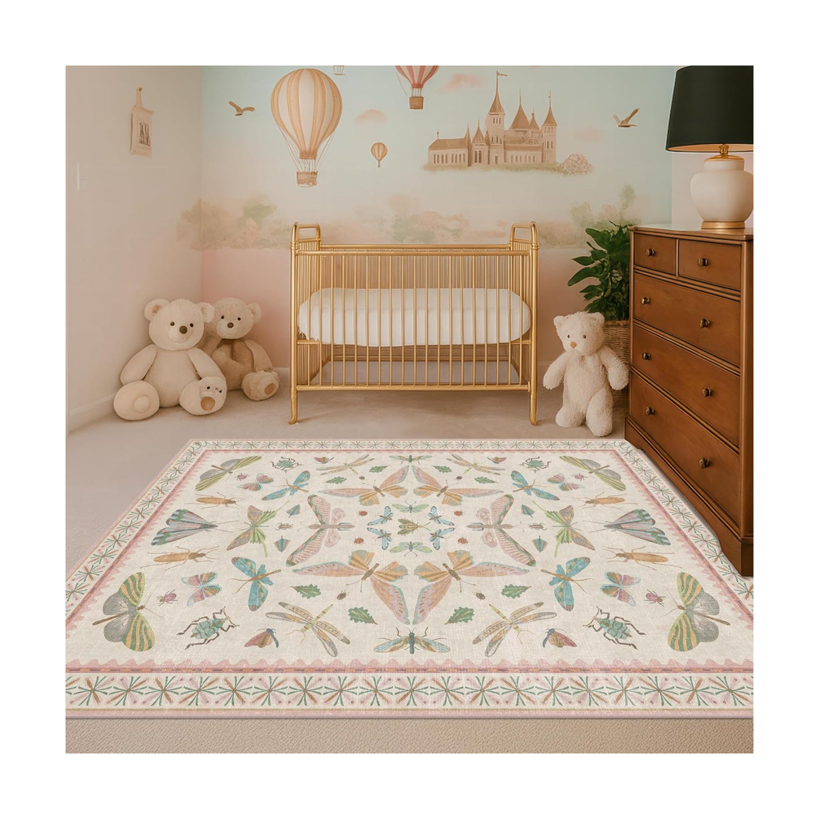 Hazo Haus Neutral Girl Nursery Rug 4x6 - Beige & Pink Rugs for Bedroom, Living Room - Washable Low Pile Non-Slip