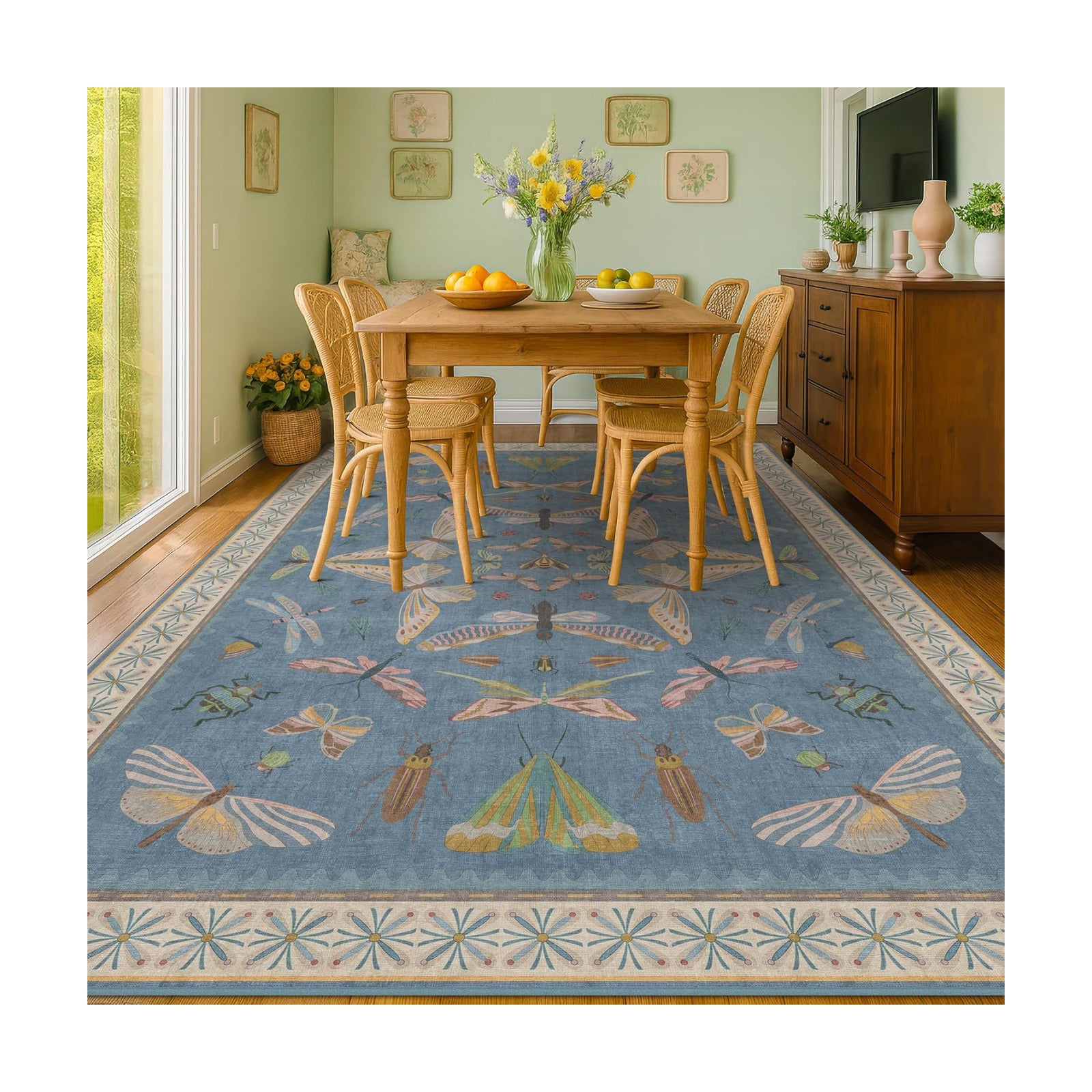 Hazo Haus 6x9 Blue Floral Rug for Dining Room Table - Area Rugs for Living Room, Bedroom, Insect Moth Art Nouveau