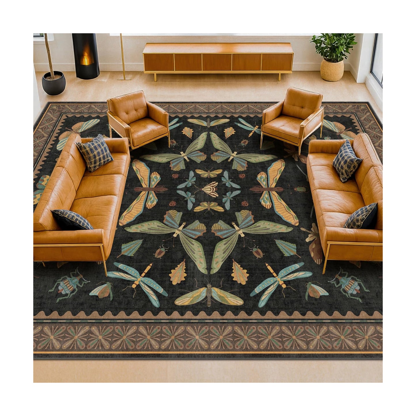 Hazo Haus Large Black Rug for Living Room - Area Rugs 9x12 Dining Room Table, Large Bedroom Under Bed, Unique Insect