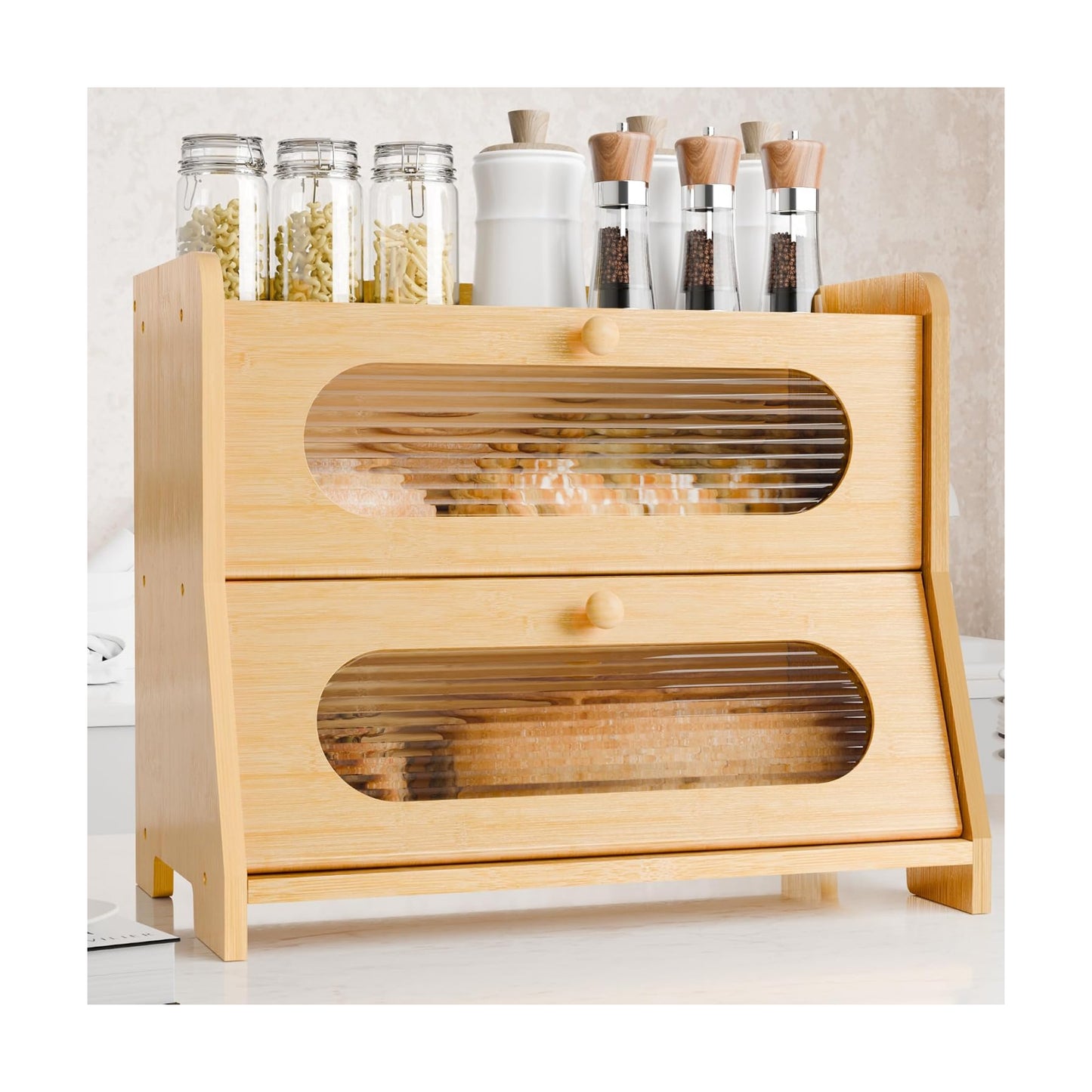Bread Box,Extra Large 2-Tier Bamboo Bread Box for Kitchen Countertop,Bread Storage Container with Magnetic Acrylic Door