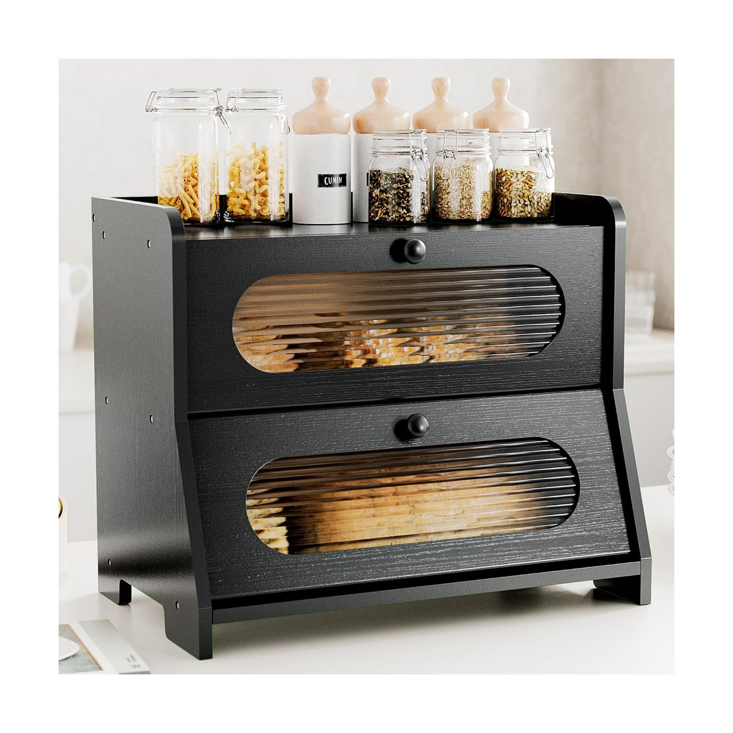 Bread Box,Extra Large 2-Tier Bamboo Bread Box for Kitchen Countertop,Bread Storage Container with Magnetic Acrylic Door