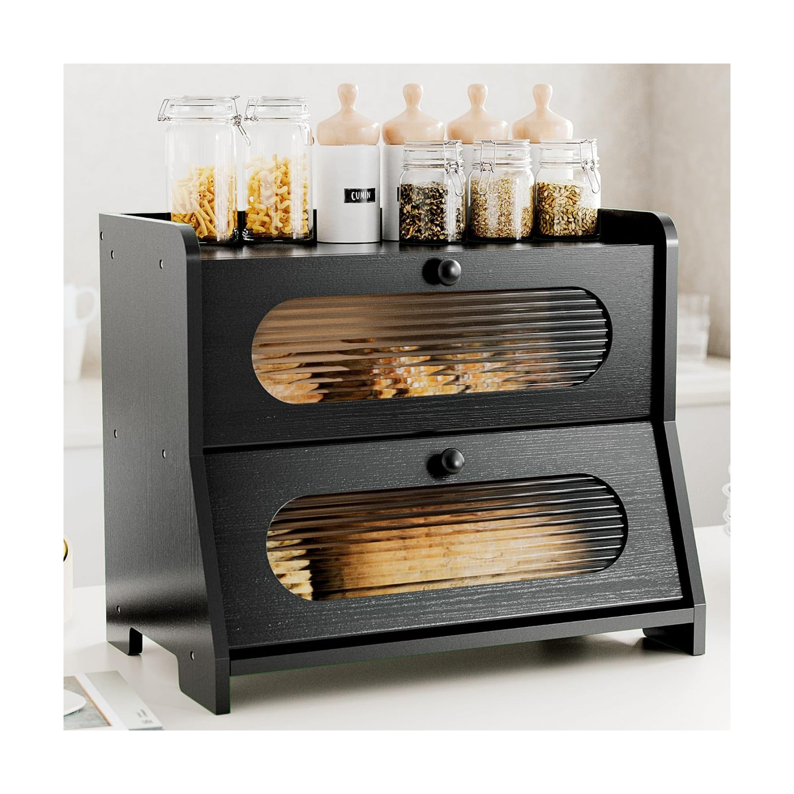 Bread Box,Extra Large 2-Tier Bamboo Bread Box for Kitchen Countertop,Bread Storage Container with Magnetic Acrylic Door