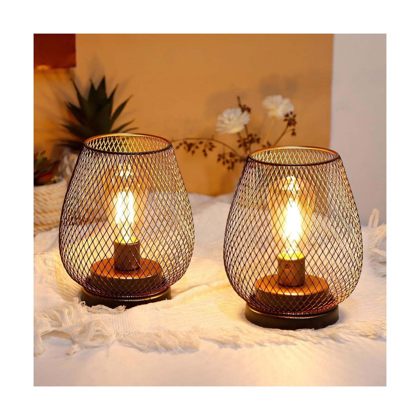JHY DESIGN Set of 2 Metal Cage LED Lantern Battery Powered Cordless Accent Light with LED and 6-Hours Timer Great for