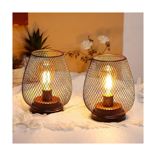 JHY DESIGN Set of 2 Metal Cage LED Lantern Battery Powered Cordless Accent Light with LED and 6-Hours Timer Great for