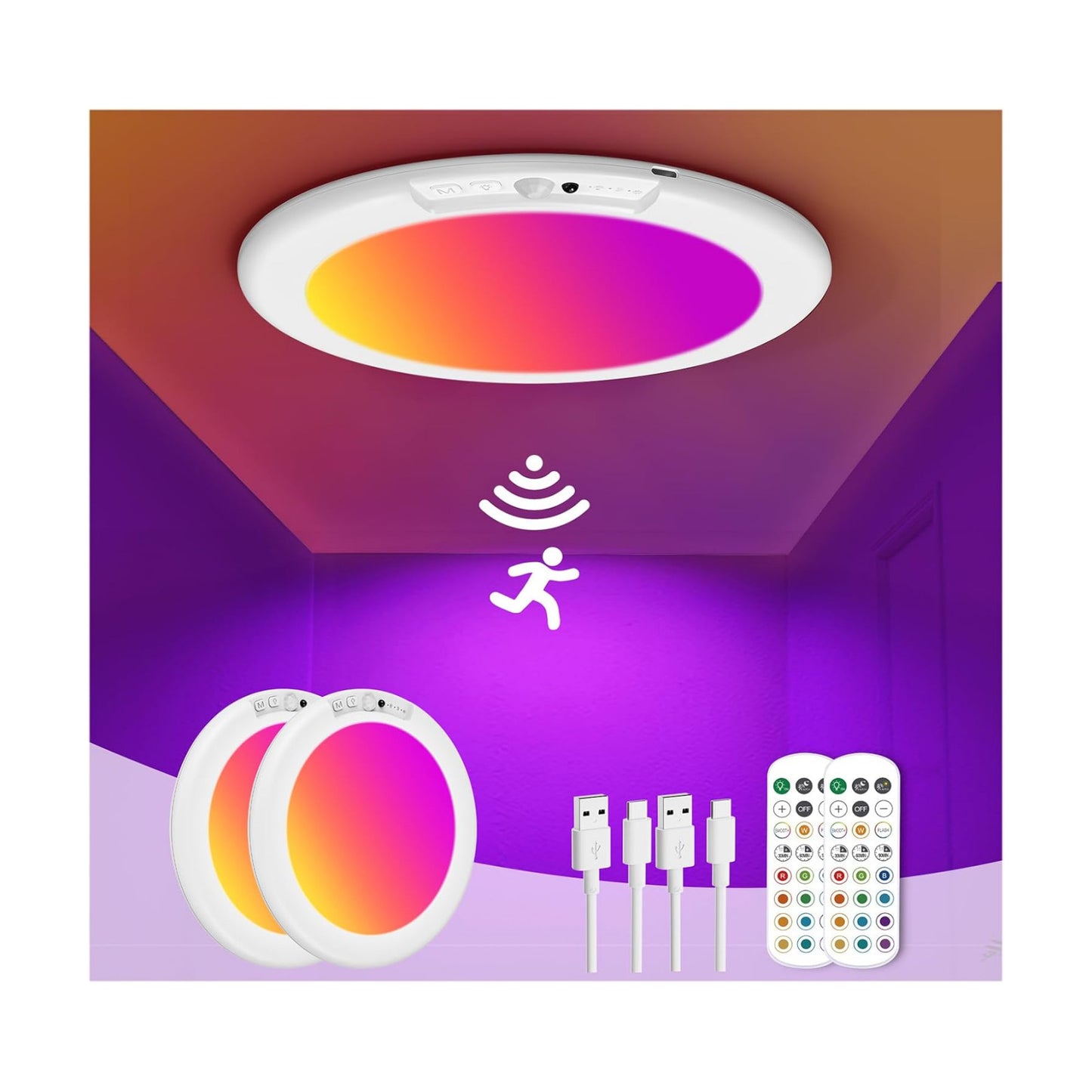 2 Pack Rechargeable Motion Sensor Ceiling Light with Remote, Wireless Battery Operated Closet Light with 13 Colors