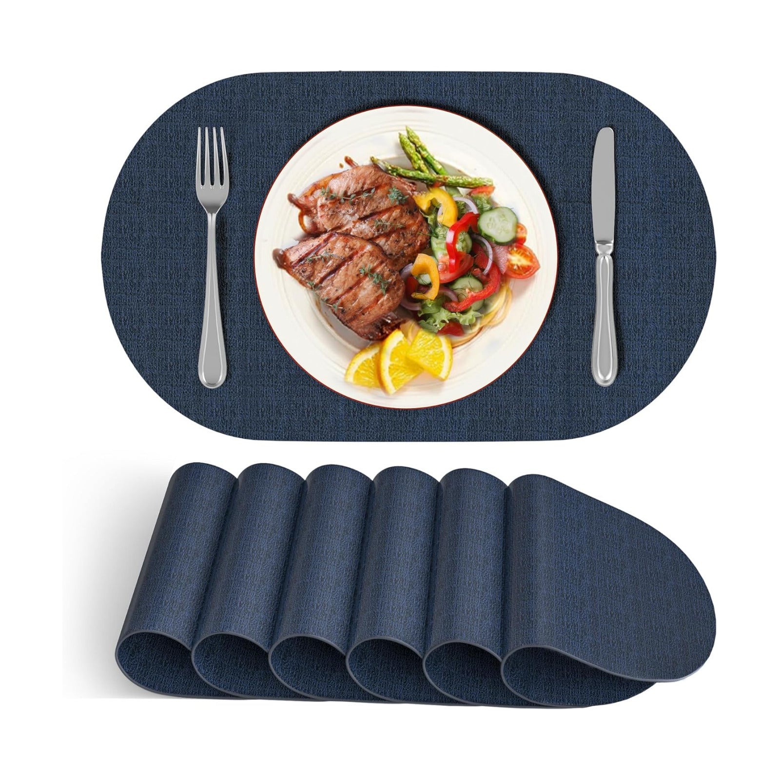 DOLOPL Oval Placemats Set of 6, Navy Blue Faux Leather Table Place Mats | Reversible, Wipeable & Washable, Heat