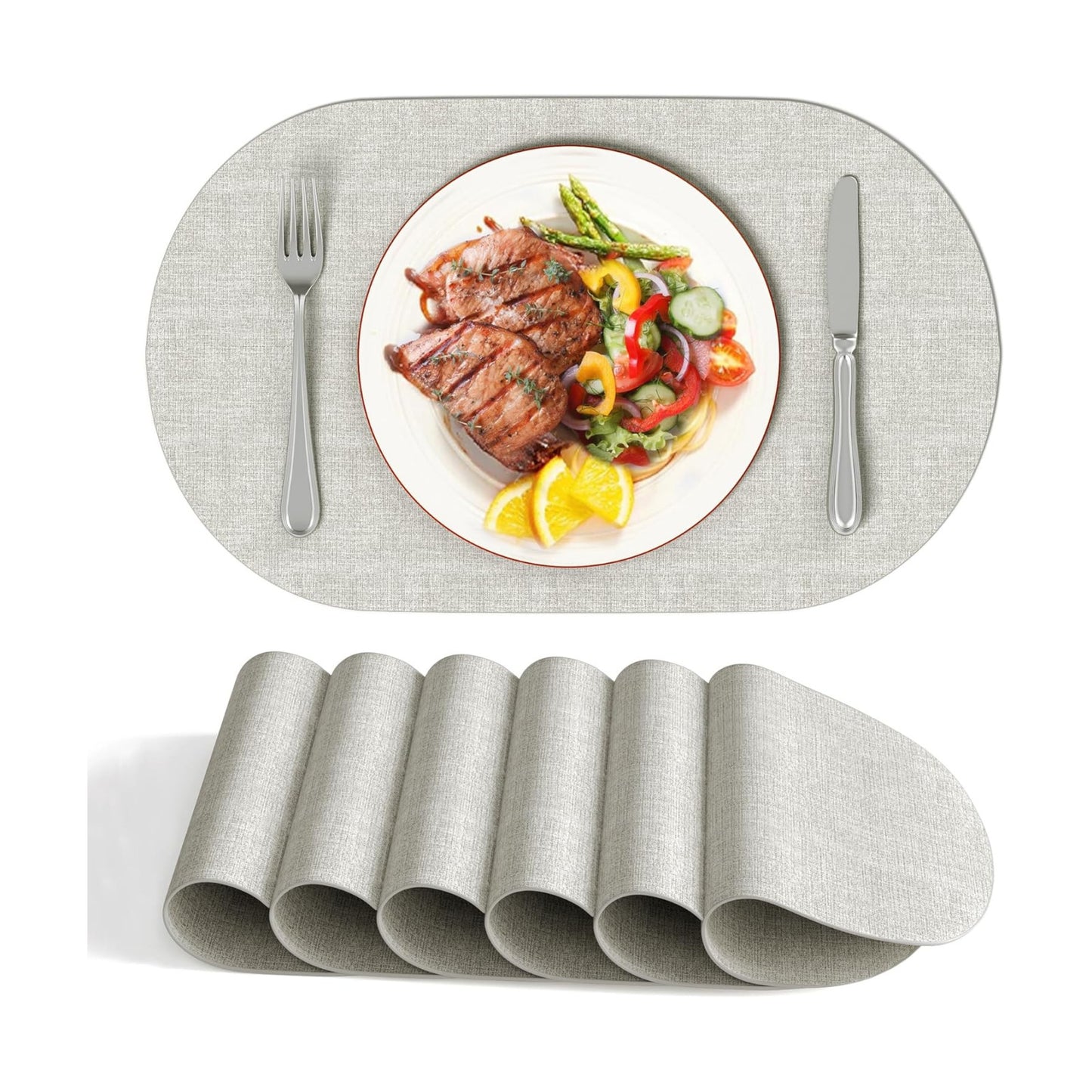 DOLOPL Oval Placemats Set of 6, Gray Faux Leather Table Place Mats | Reversible, Wipeable & Washable, Heat Resistant