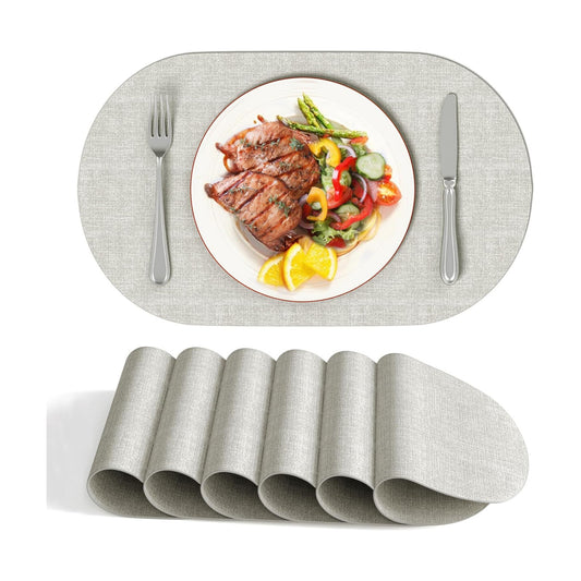 DOLOPL Oval Placemats Set of 6, Gray Faux Leather Table Place Mats | Reversible, Wipeable & Washable, Heat Resistant