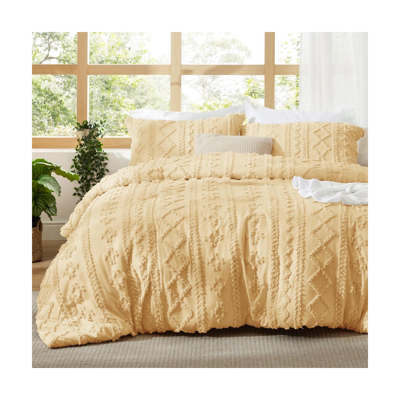 Bedsure Tufted Boho Comforter Set Queen Size - Yellow Boho Bed Set, GentleSoft™ 3 Pieces Farmhouse-Style Embroidery