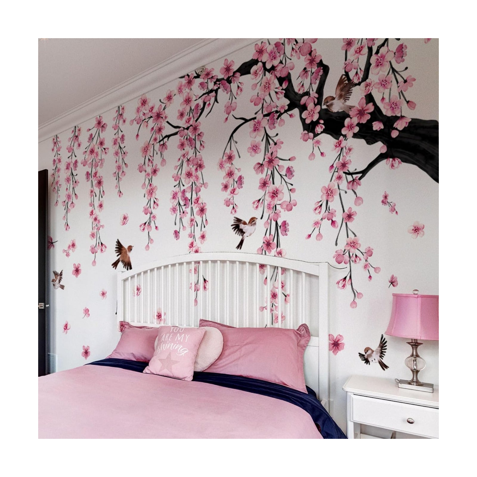 4 Sheets Spring Flower Bird Wall Decals Peel / Pink / 11.8*35.4inch