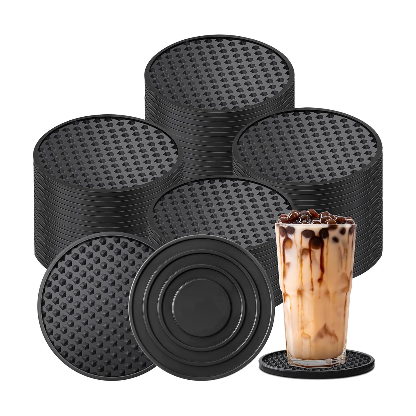 Silicone Coasters for Drinks Nonslip Silicone Drink Coasters Cold Hot Heat / Black / Set of 60