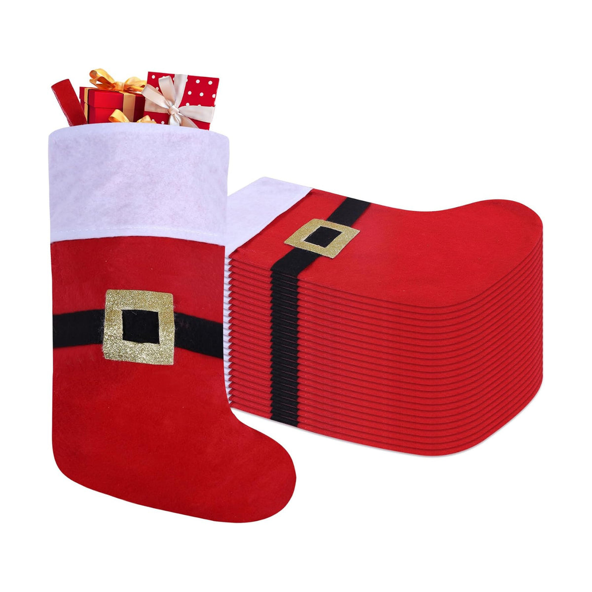 24 Pack Felt Christmas Stockings with Buckle, 19 Inches Red and White Christmas Stockings Hanging Ornaments, White Cuff with Buckle Christmas Stocking for Family Christmas Holiday Decorations