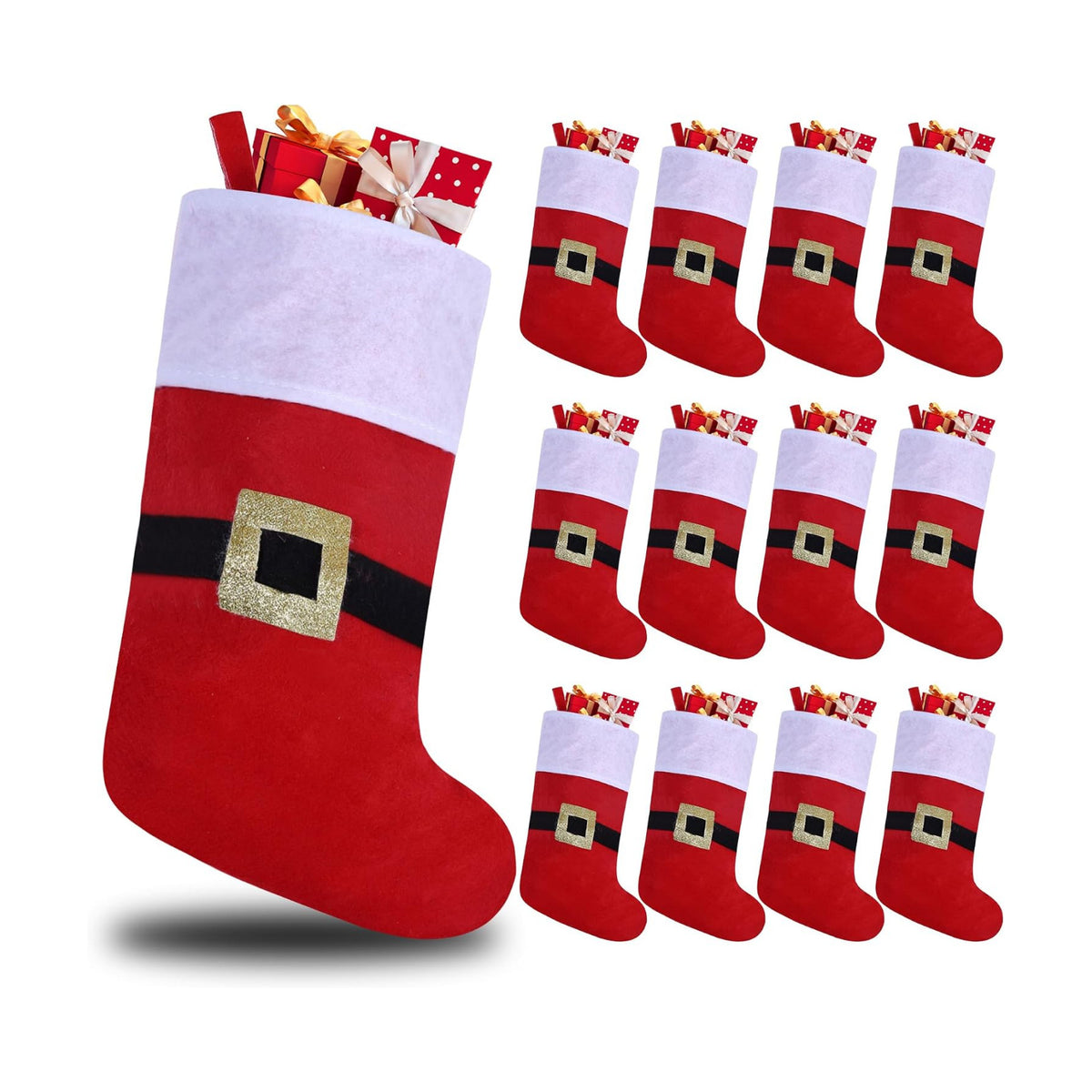 12 Pack Felt Christmas Stockings with Buckle, 19 Inches Red and White Christmas Stockings Hanging Ornaments, White Cuff with Buckle Christmas Stocking for Family Christmas Holiday Decorations