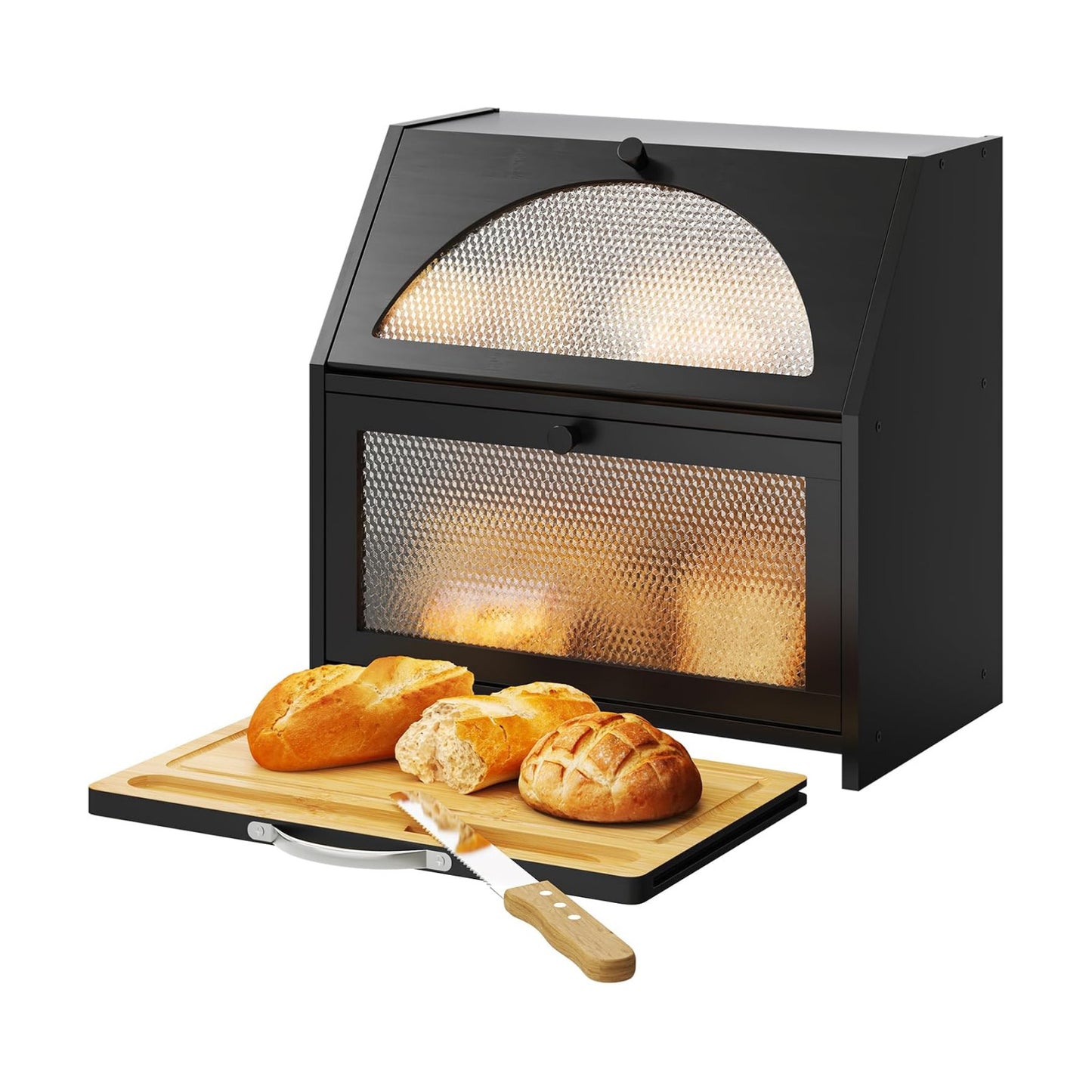 STDDRE Double Layer Bamboo Corner Bread Box with Cutting Board(Black) | Extra-large capacity. Double Layer Bread