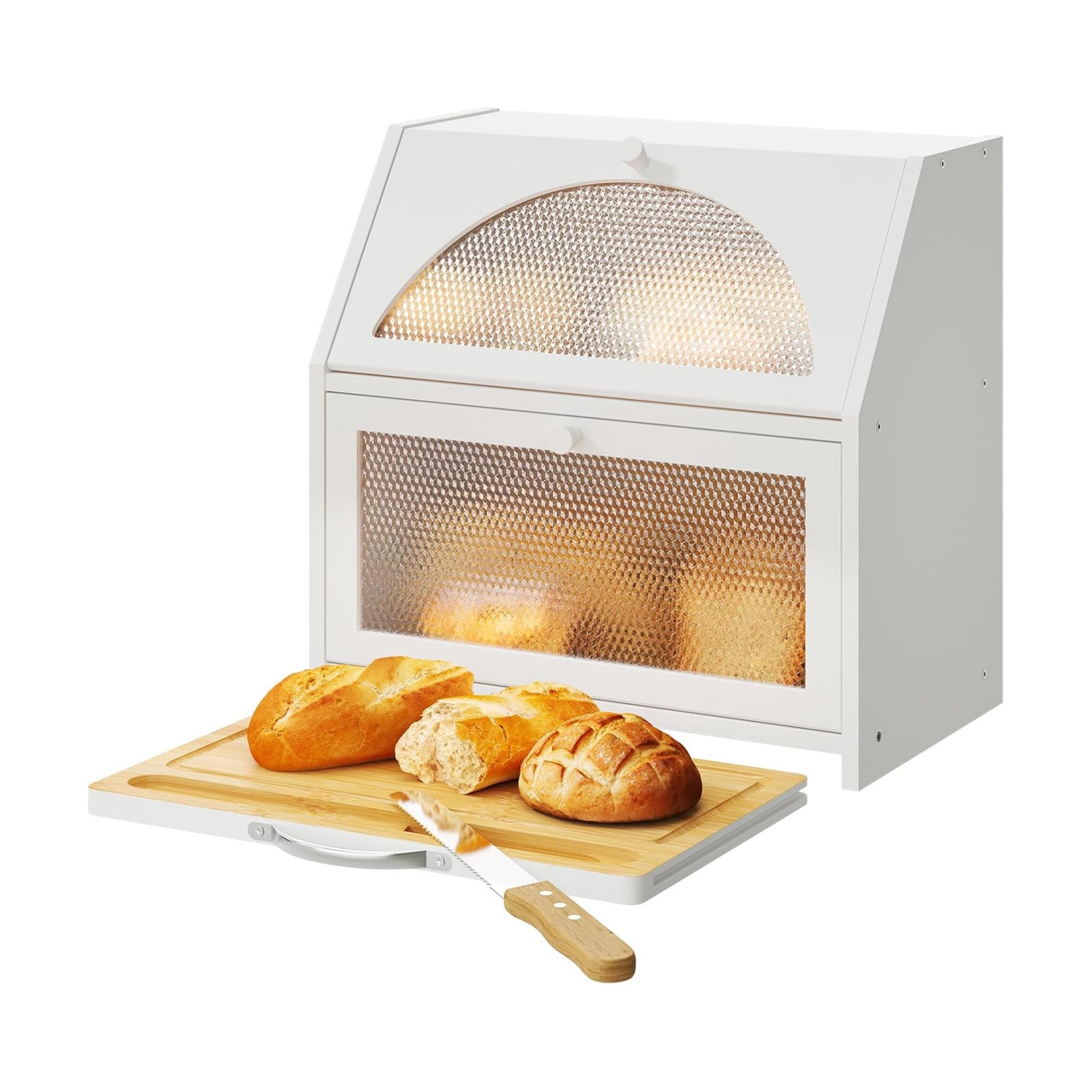 STDDRE Double Layer Bamboo Corner Bread Box with Cutting Board(White) | Extra-large capacity. Double Layer Bread