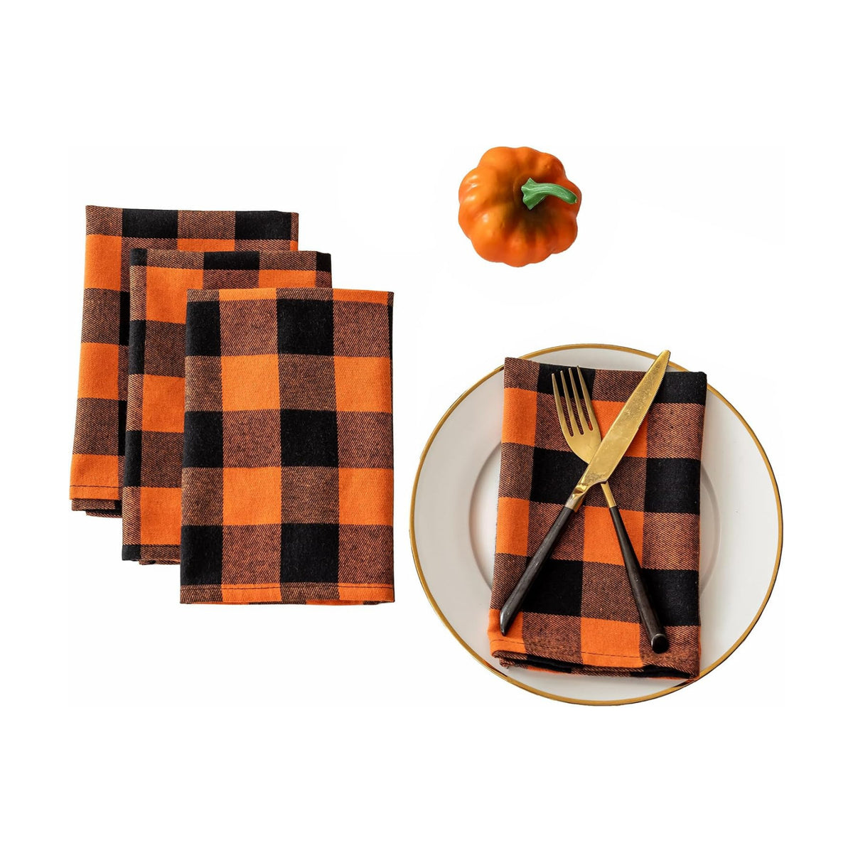 Joyfol Day 4-Pack Orange Buffalo Plaid Cloth Napkins - 17x17 Inch Halloween & Fall Checkered Dinner Napkins, Washable for Thanksgiving Table Decor (Set of 4)