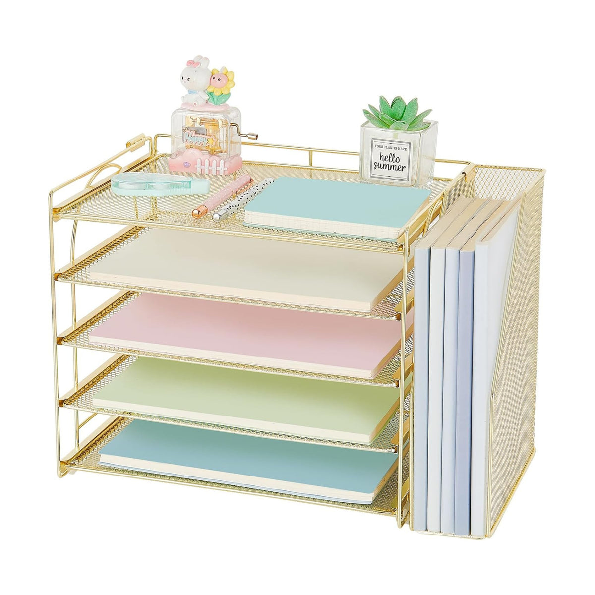 AUPSEN Gold Desk Organizers and Accessories, 5-Tier Desktop Paper File Organizer with Removable File Holder, Desk