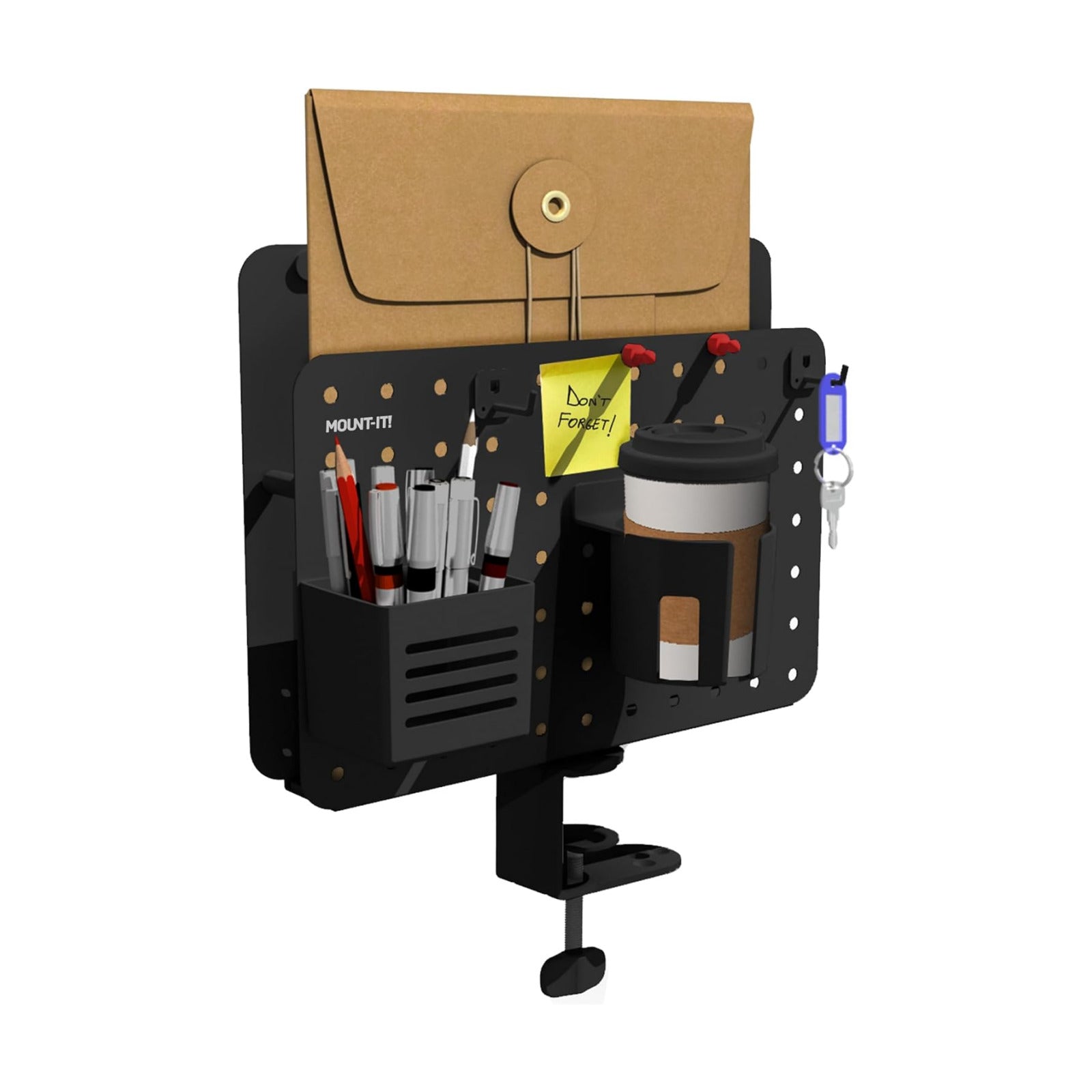 Mount-It! Desk Pegboard Organizer, 360 Rotation, Black | Clamp-on desk storage with cup holder, pen holder, hooks &