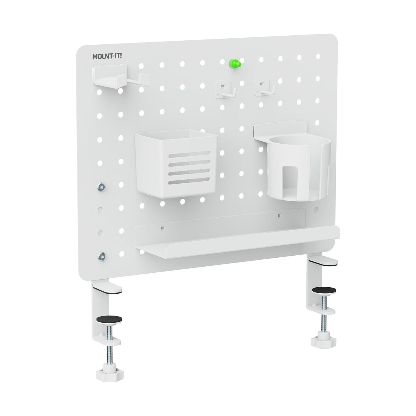 Mount-It! Clamp-On Desk Pegboard Organizer, White | Adaptable desk storage with shelf, cup holder & hooks for home