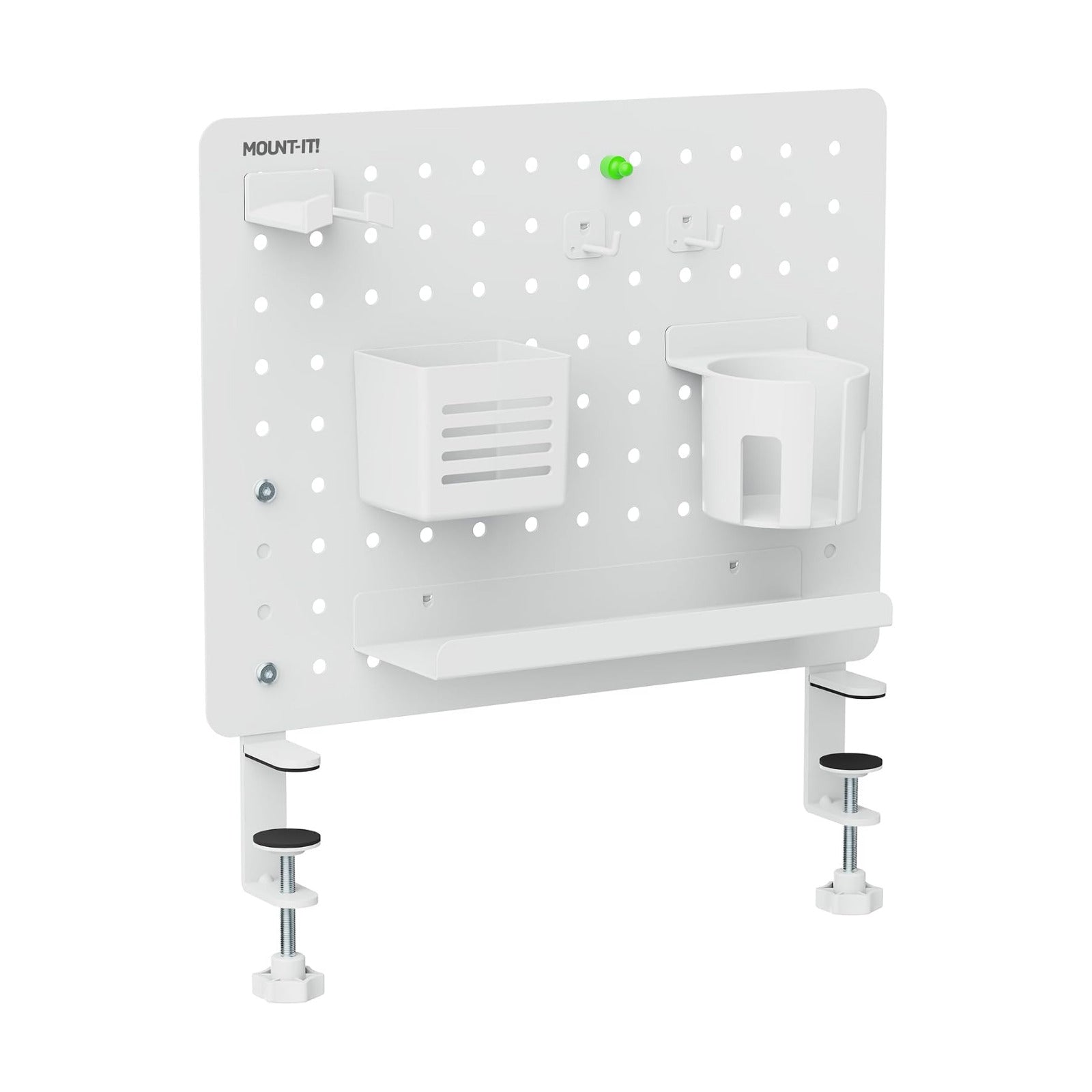 Mount-It! Clamp-On Desk Pegboard Organizer, White | Adaptable desk storage with shelf, cup holder & hooks for home