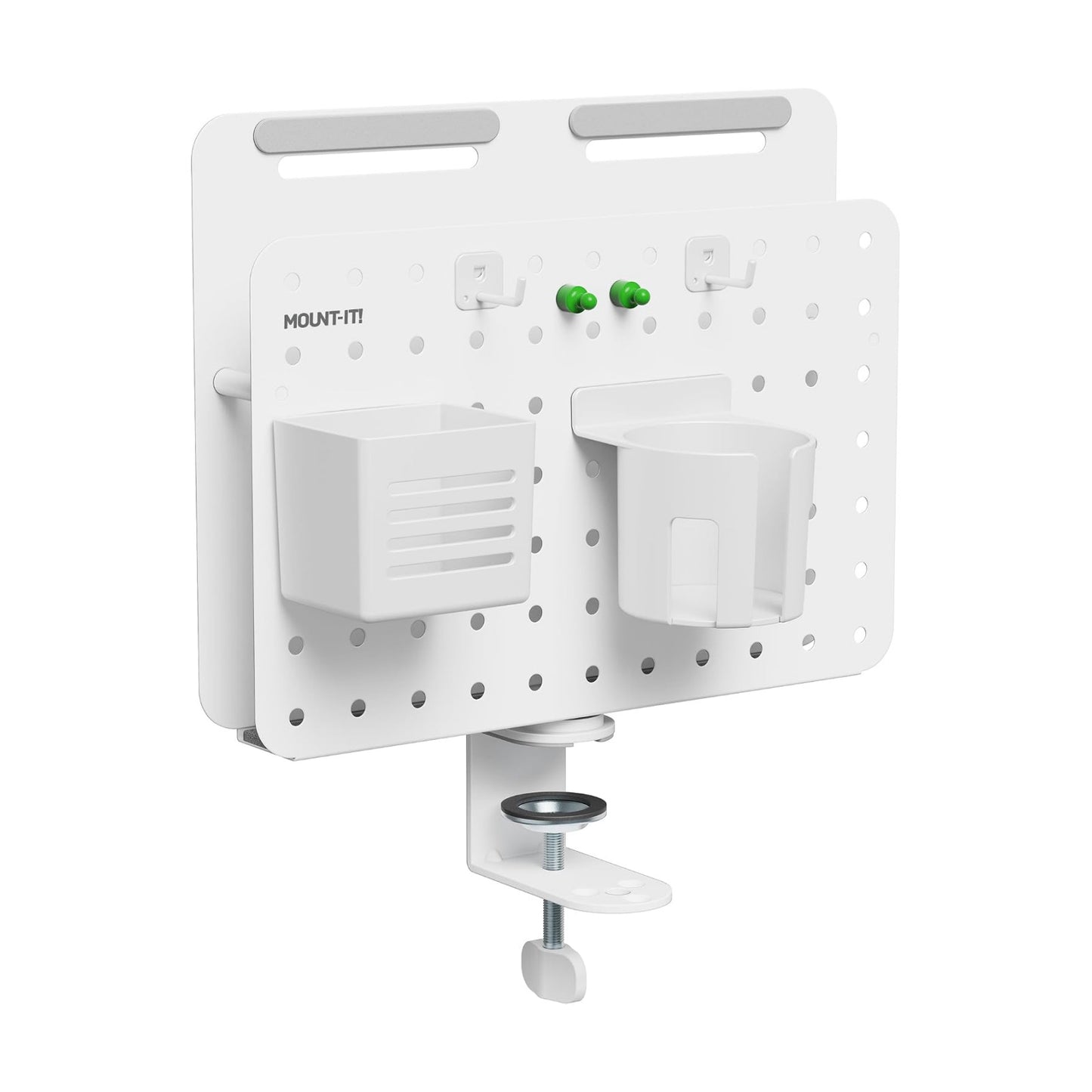 Mount-It! Desk Pegboard Organizer, 360 Rotation, White | Clamp-on desk storage with cup holder, pen holder, hooks &