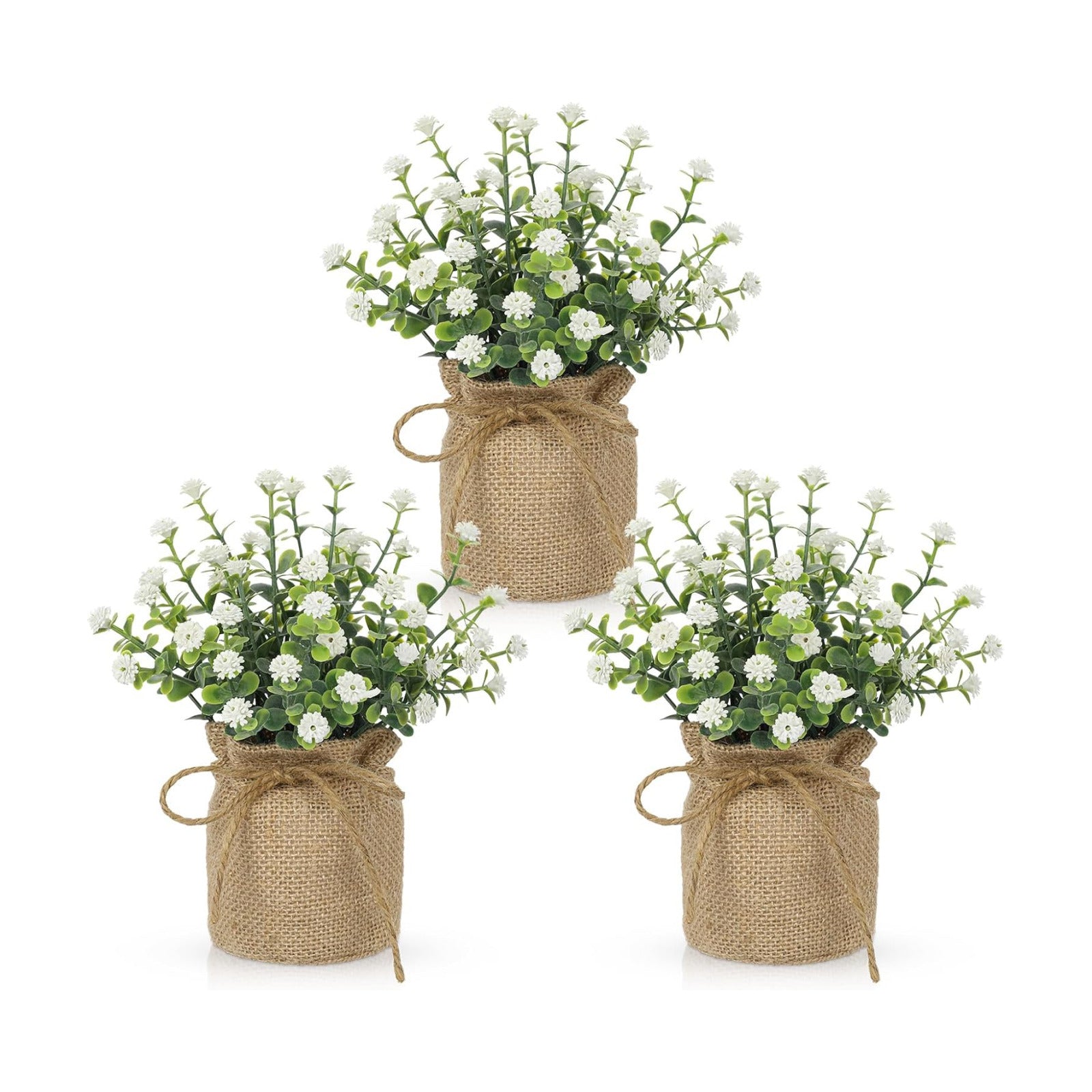 Faux Baby’s Breath Plant / White-burlap / Set of 3