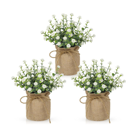 Faux Baby’s Breath Plant / White-burlap / Set of 3