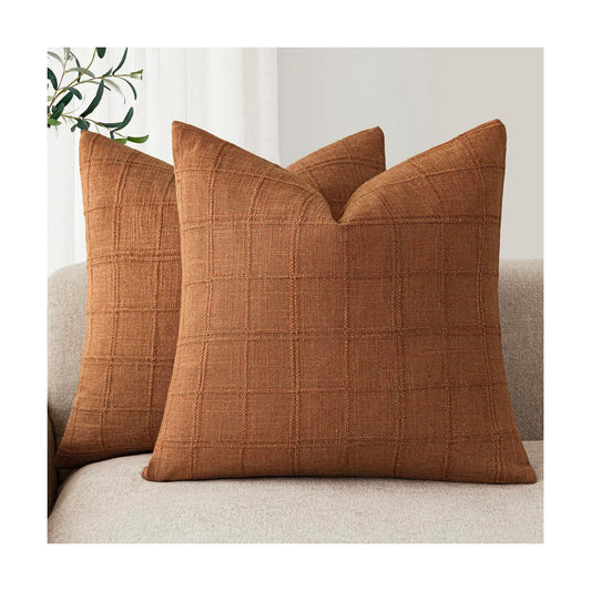 Decorative Linen Check Throw Pillow Covers Neutral Farmhouse Vintage / 18 x 18 / Autumnal / Set of 2