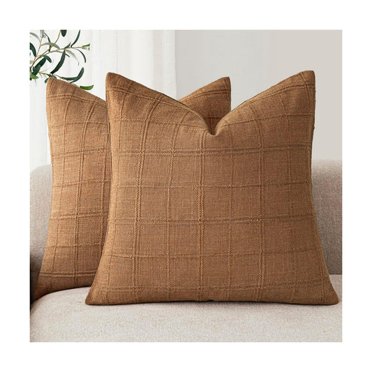 Decorative Linen Check Throw Pillow Covers Neutral Farmhouse Vintage / 18 x 18 / Brick / Set of 2