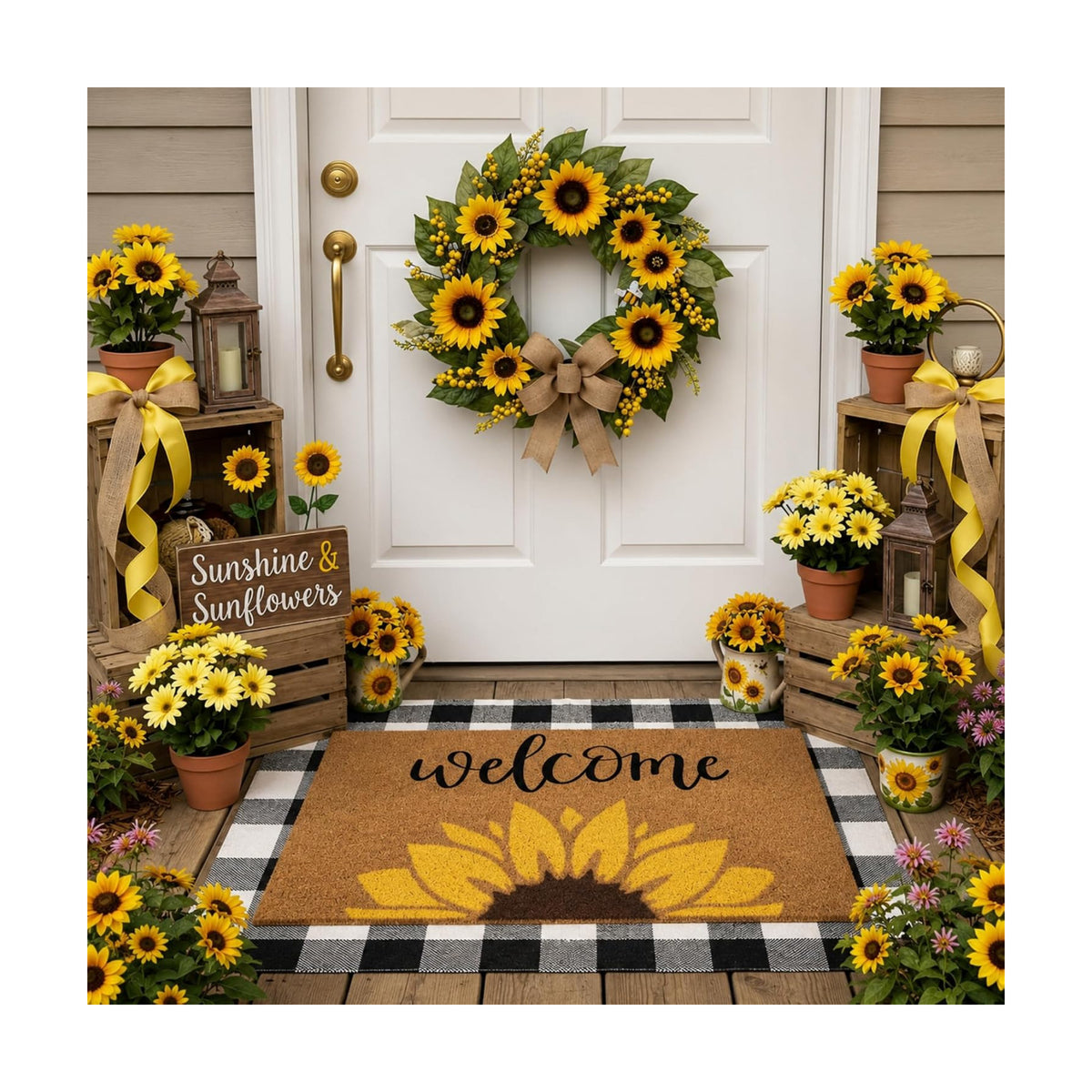 Tinideya 2 Pcs Sunflower Layering Door Mat Set for Front Door Decor