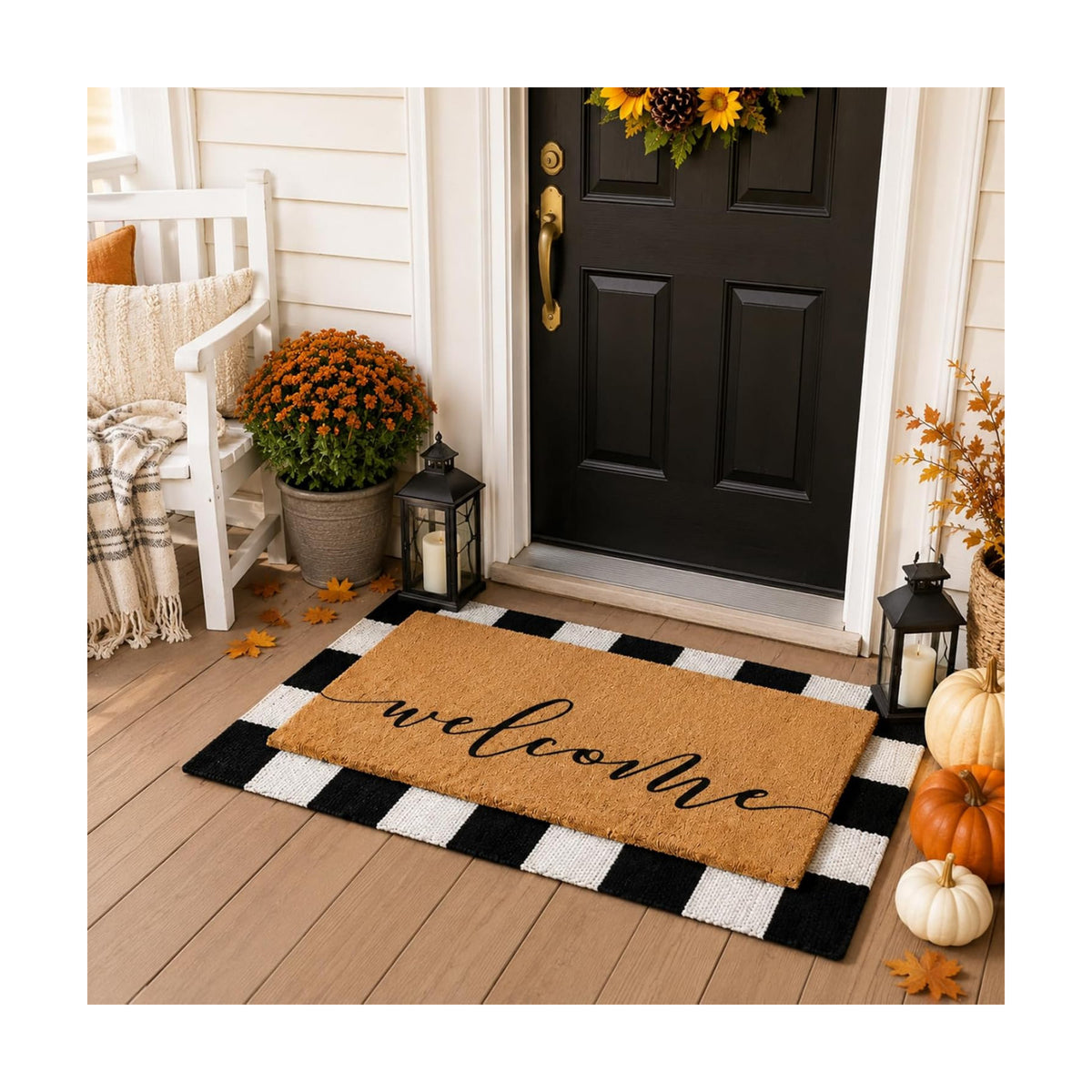 Tinideya 2 Pcs Fall Welcome Layered Doormat Set for Front Porch