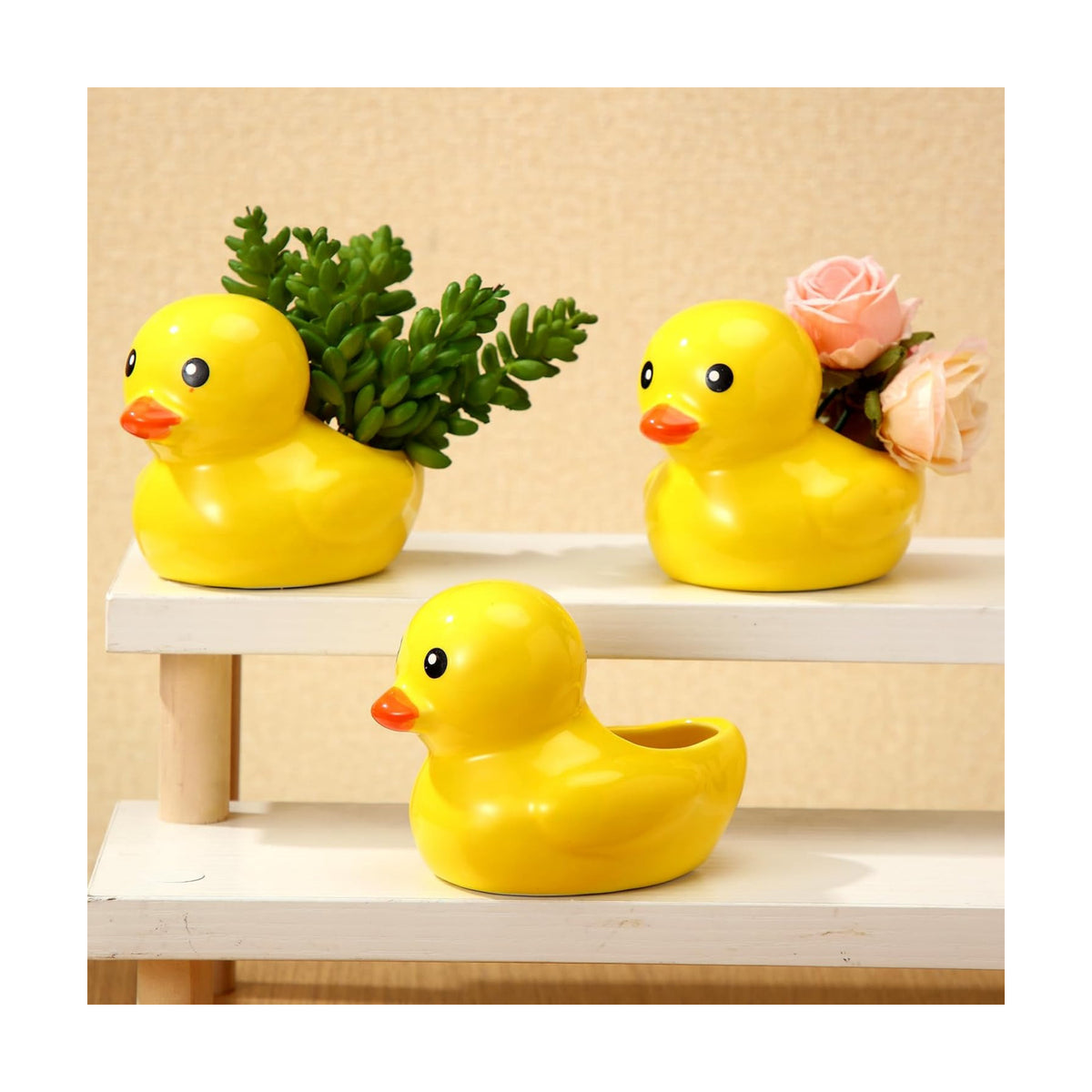 Sieral 3 Pcs Yellow Duck Shaped Ceramic Planter Duck Flower Vase Cute Cartoon Animal Flower Planter Pots for Indoor/Outdoor Gardens Decoration Home and Nursery Decor