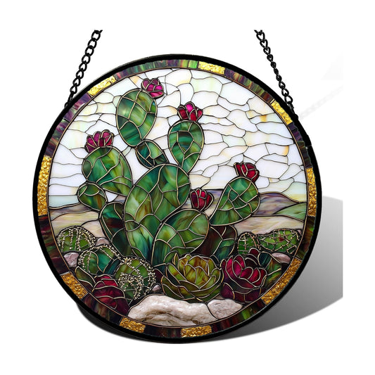 Prickly Pear Cactus Bloom Stained Glass Window Hanging Suncatcher Gift 15"