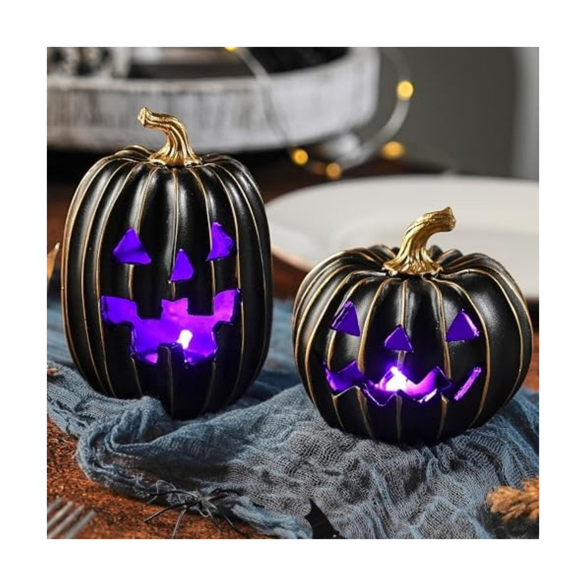 FESTGLOX Light Up Black Jack O Lantern Pumpkins for Indoor Halloween Decor