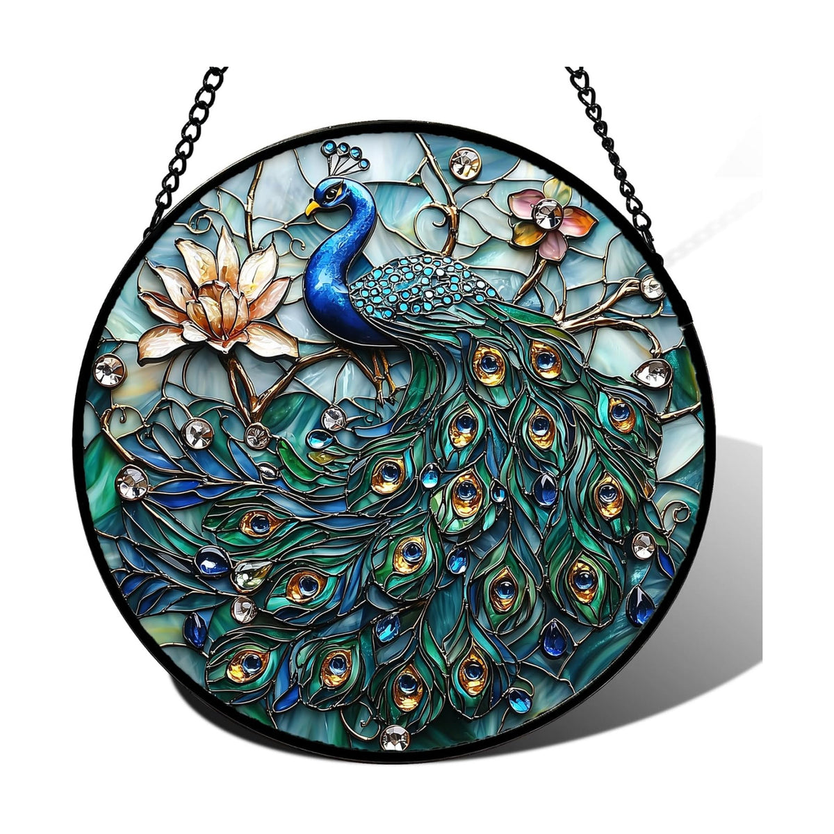 Peacock and Lotus Stained Glass Window Hanging Suncatcher Gifts Decor 15"