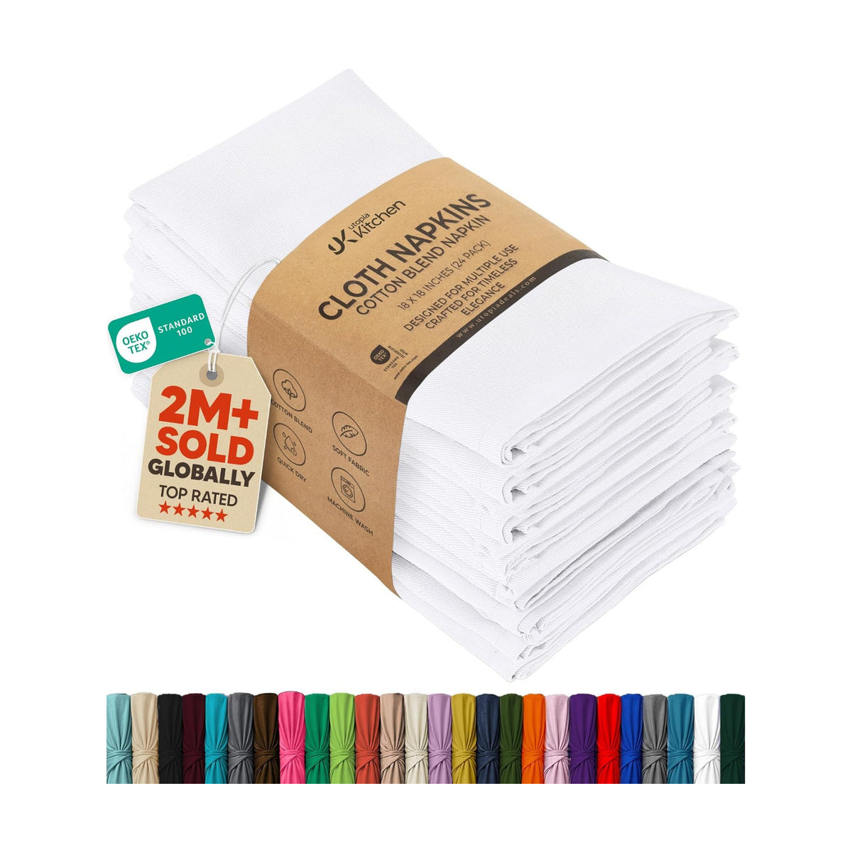 Utopia Kitchen Cotton Blend White Cloth Napkins [24 Pack, 18x18 Inch]
