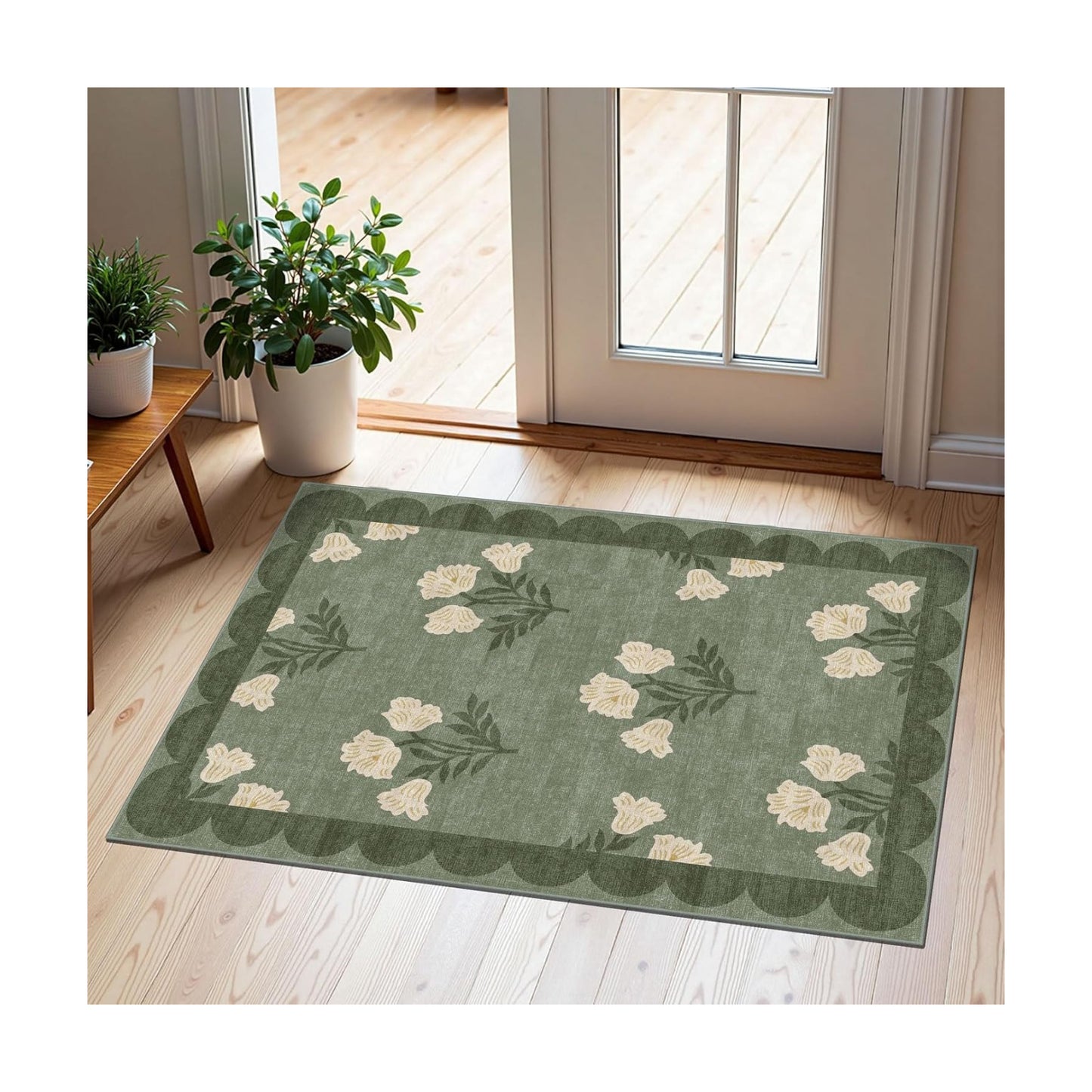 Front Door Mat Outside Entrance - 2x3 Sage Green Floral Entry Rug